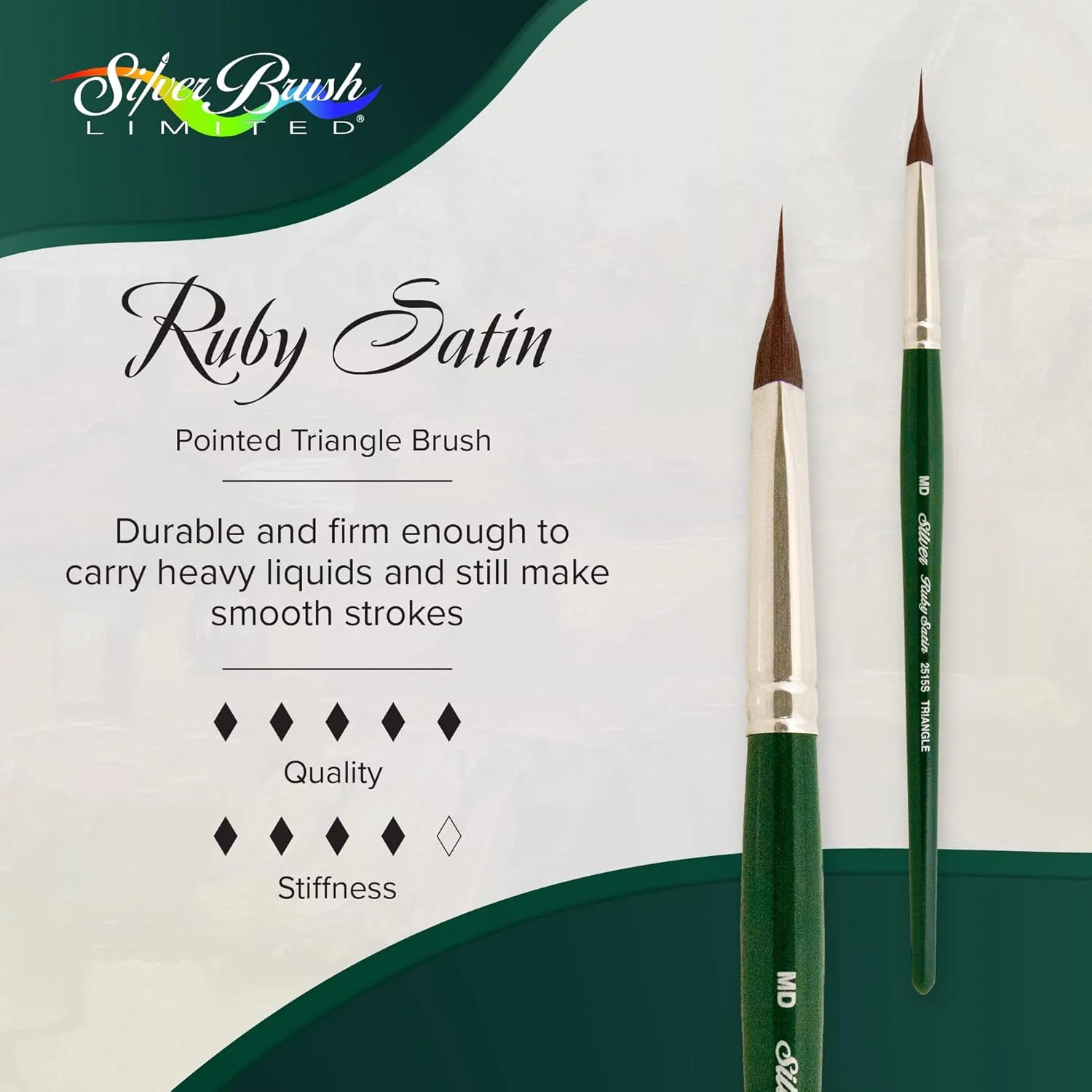 Silver Brush Limited 2515S-MD Ruby Satin Pointed Triangle Paintbrush for Oil, Acrylic, and Heavy Body Paints, Size MD, Short Handle