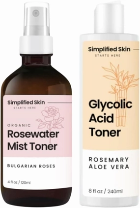 Simplified Skin Rose Water Face and Hair Toner, USDA Organic Facial Mist 4 Oz and Glycolic Acid Toner for Hydrating, Anti-Aging Skin 8 Oz