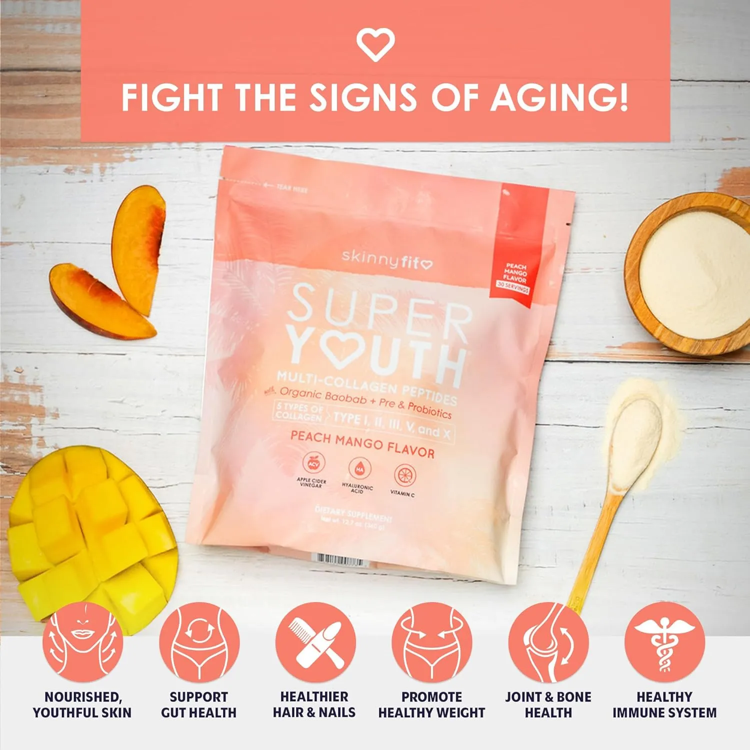 SkinnyFit - Super Youth, Peach Mango (30 Servings) - Multi Collagen Peptides Powder - Probiotics, Fiber, Hyaluronic Acid - Collagen for Women - Non GMO, Gluten Free, Sugar Free - Beauty & Self Care