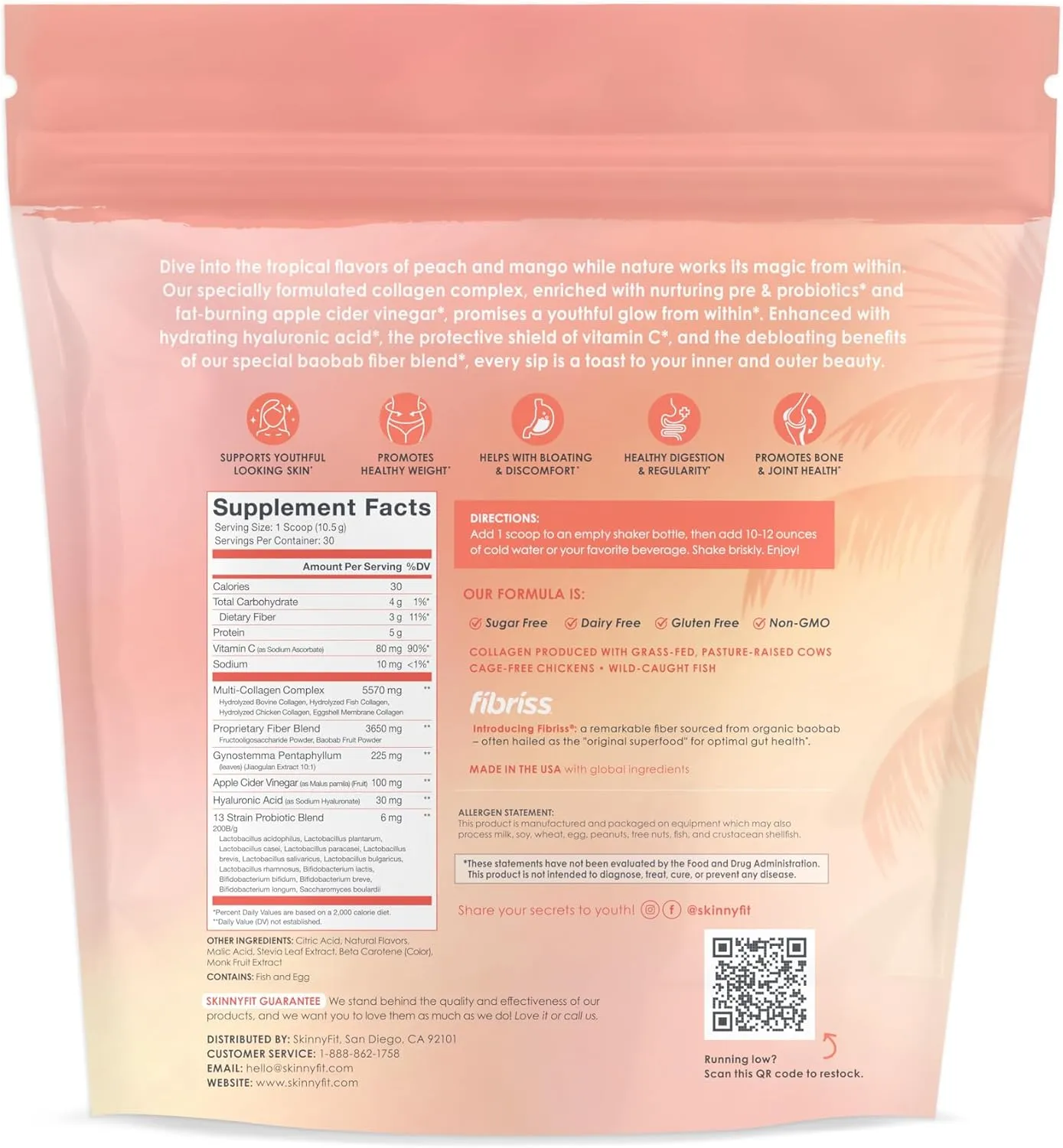 SkinnyFit - Super Youth, Peach Mango (30 Servings) - Multi Collagen Peptides Powder - Probiotics, Fiber, Hyaluronic Acid - Collagen for Women - Non GMO, Gluten Free, Sugar Free - Beauty & Self Care