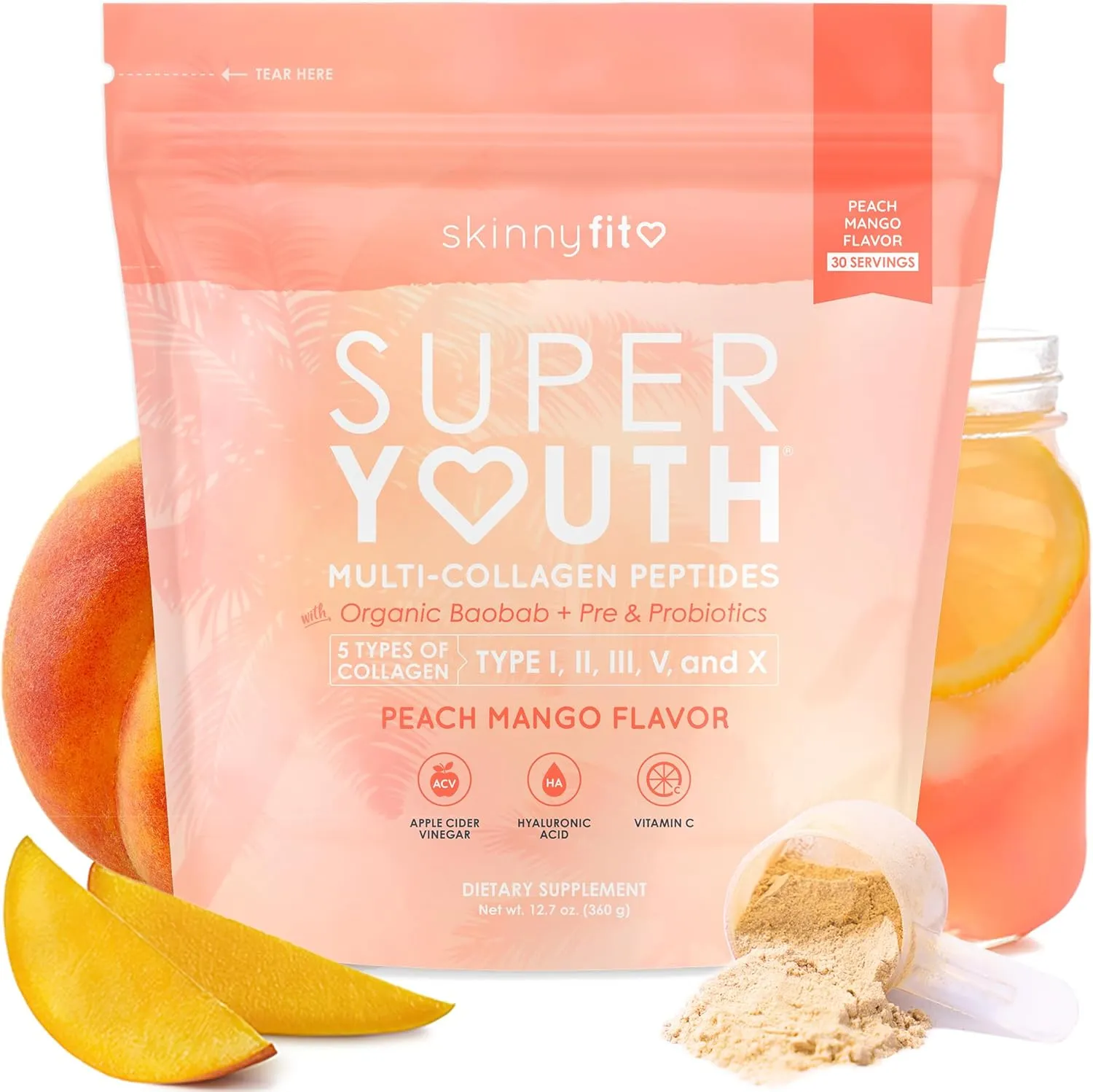SkinnyFit - Super Youth, Peach Mango (30 Servings) - Multi Collagen Peptides Powder - Probiotics, Fiber, Hyaluronic Acid - Collagen for Women - Non GMO, Gluten Free, Sugar Free - Beauty & Self Care
