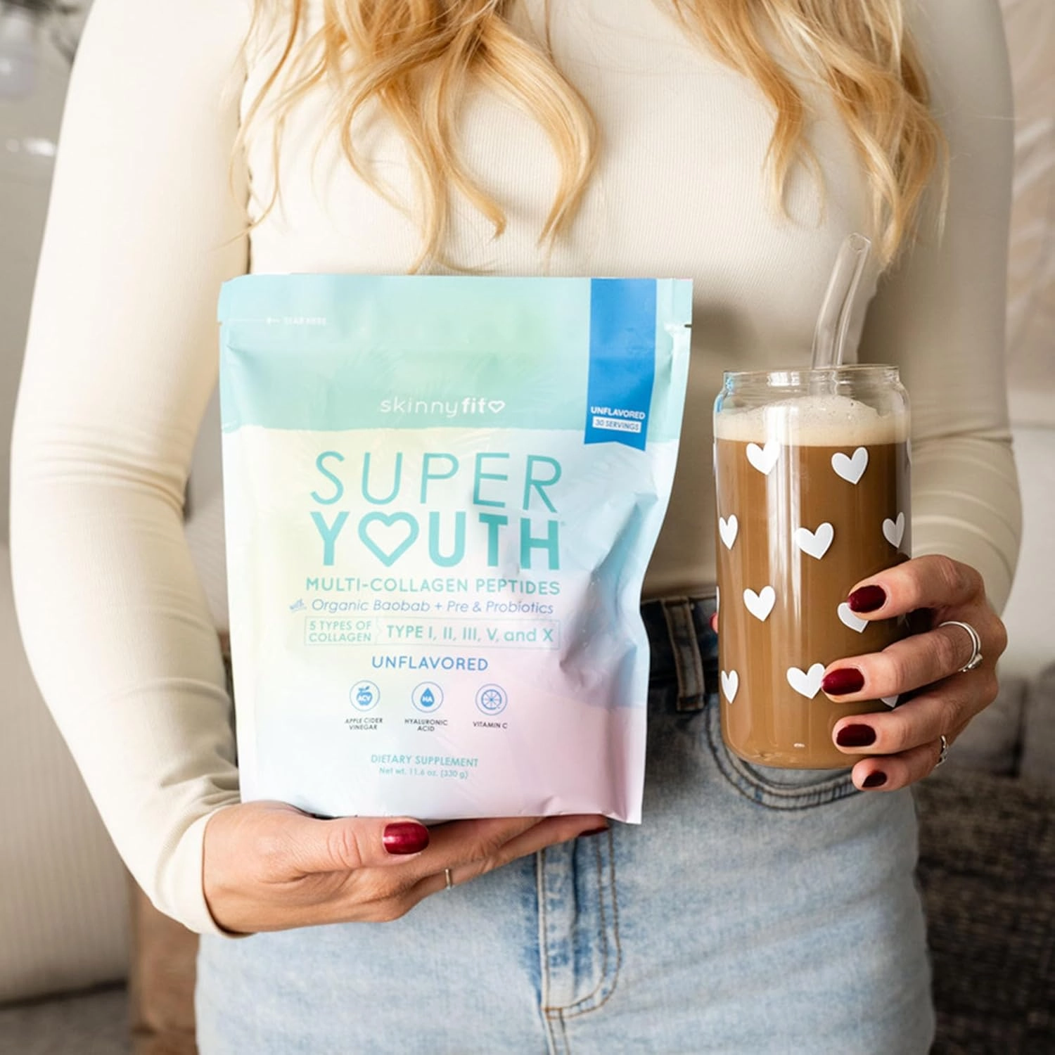 SkinnyFit - Super Youth, Unflavored (30 Servings) - Multi Collagen Peptides Powder - Probiotics, Fiber, Hyaluronic Acid - Collagen for Women - Non GMO, Gluten Free, Sugar Free - Beauty & Self Care