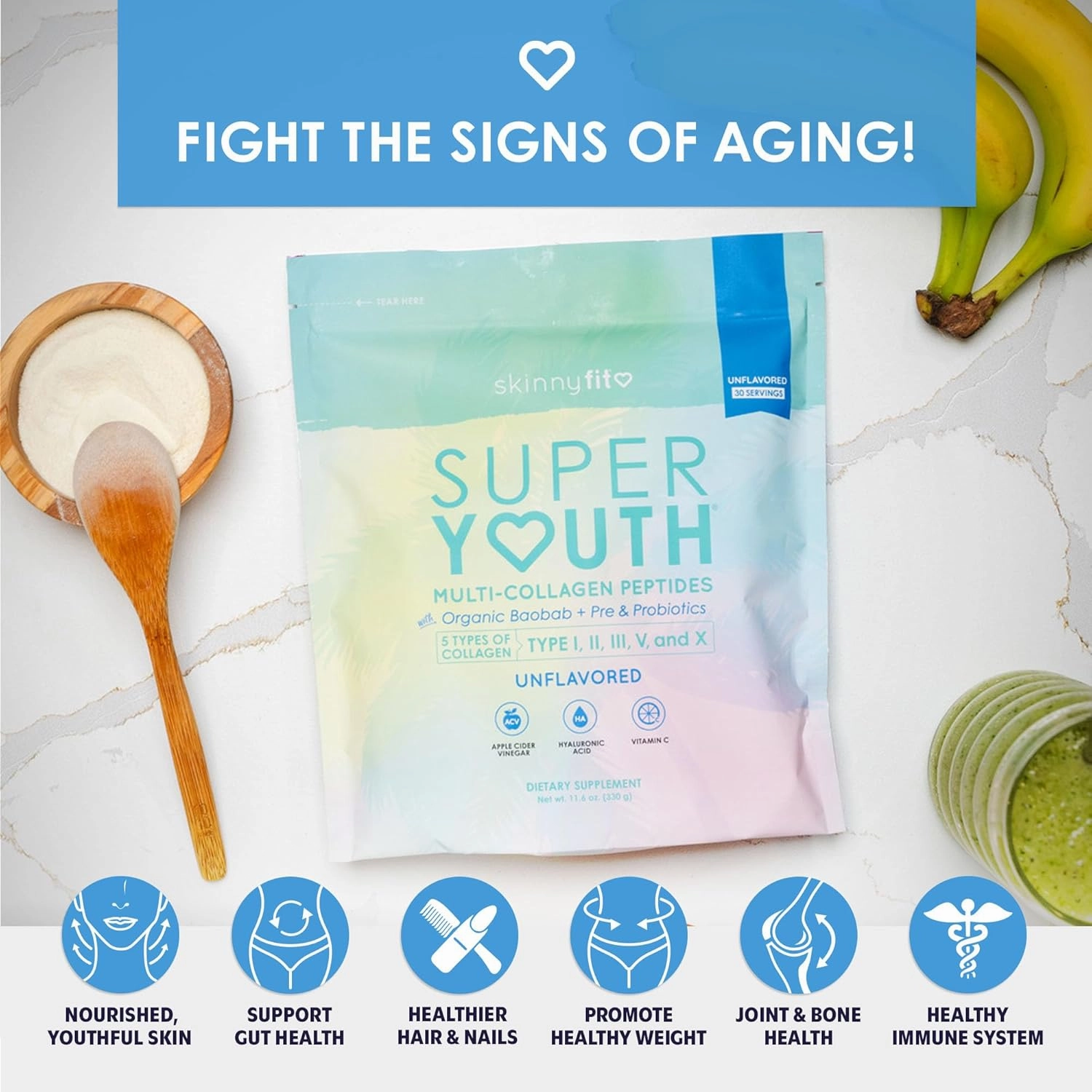 SkinnyFit - Super Youth, Unflavored (30 Servings) - Multi Collagen Peptides Powder - Probiotics, Fiber, Hyaluronic Acid - Collagen for Women - Non GMO, Gluten Free, Sugar Free - Beauty & Self Care