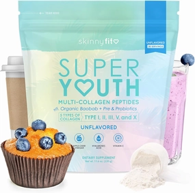 SkinnyFit - Super Youth, Unflavored (30 Servings) - Multi Collagen Peptides Powder - Probiotics, Fiber, Hyaluronic Acid - Collagen for Women - Non GMO, Gluten Free, Sugar Free - Beauty & Self Care