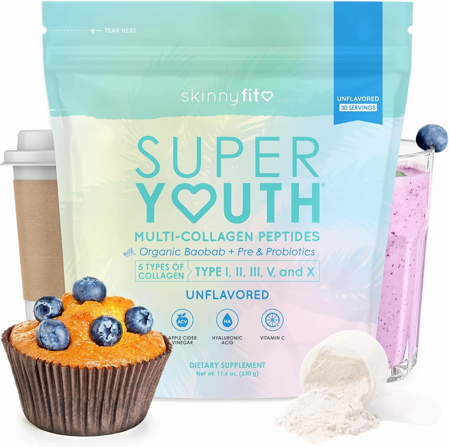 SkinnyFit - Super Youth, Unflavored (30 Servings) - Multi Collagen Peptides Powder - Probiotics, Fiber, Hyaluronic Acid - Collagen for Women - Non GMO, Gluten Free, Sugar Free - Beauty & Self Care