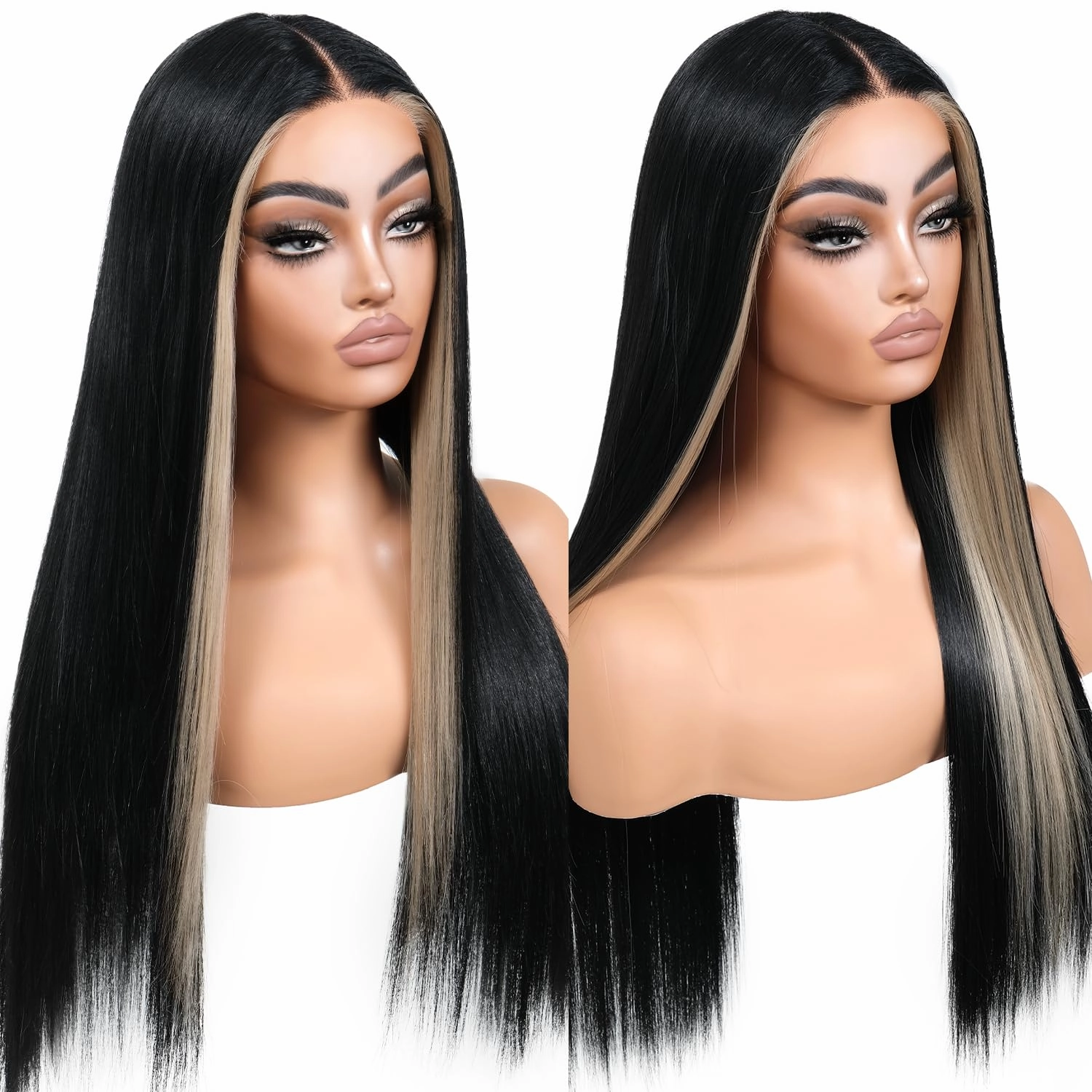 Skunk Stripe Wear and Go Glueless Wig Pre Cut Pre Plucked Synthetic Lace Front Wigs for Women Black and Blonde Wig with Highlights Long Straight Middle Part Wig 26inch