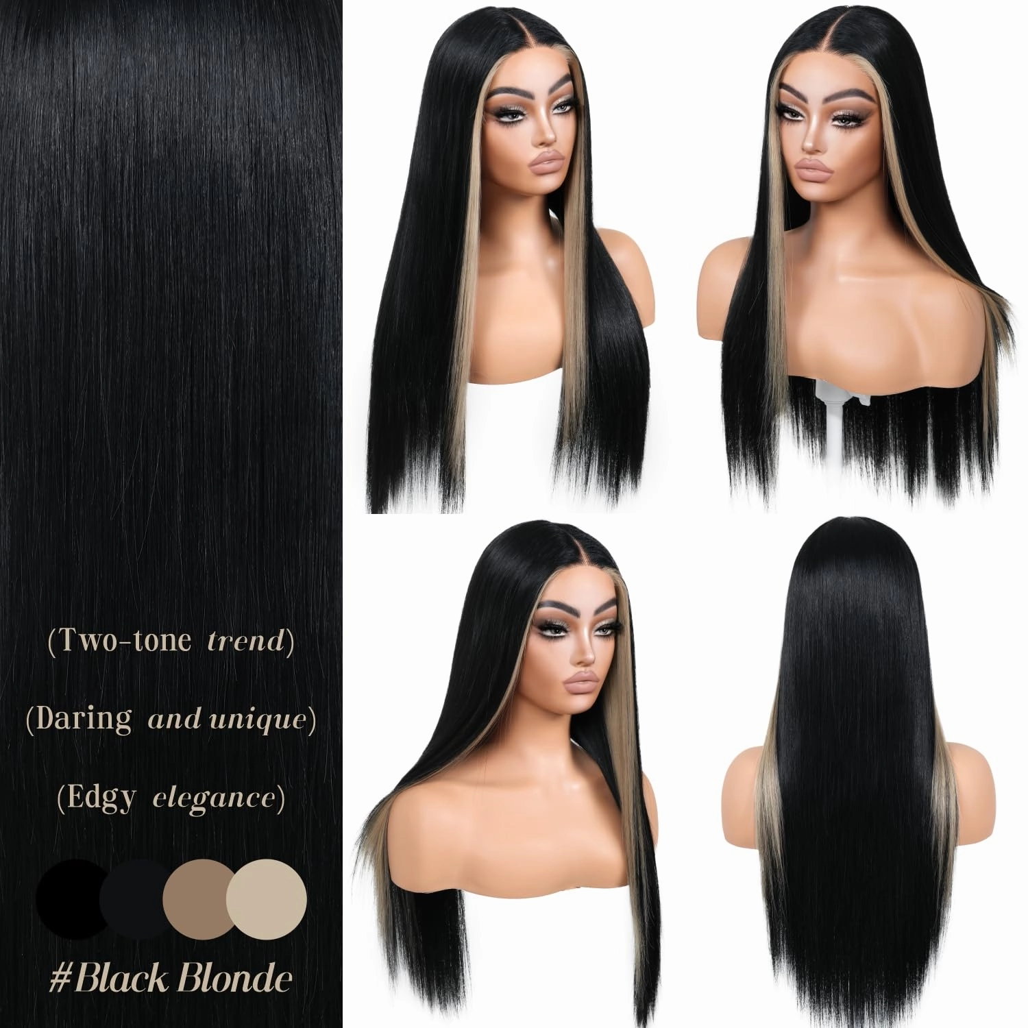 Skunk Stripe Wear and Go Glueless Wig Pre Cut Pre Plucked Synthetic Lace Front Wigs for Women Black and Blonde Wig with Highlights Long Straight Middle Part Wig 26inch