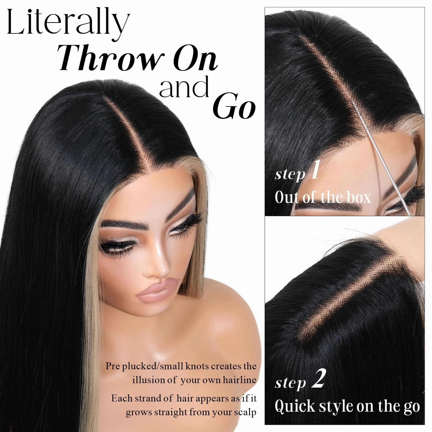Skunk Stripe Wear and Go Glueless Wig Pre Cut Pre Plucked Synthetic Lace Front Wigs for Women Black and Blonde Wig with Highlights Long Straight Middle Part Wig 26inch