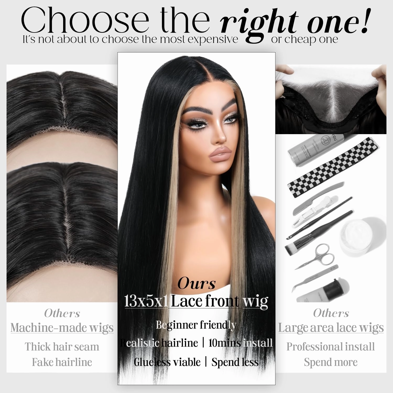 Skunk Stripe Wear and Go Glueless Wig Pre Cut Pre Plucked Synthetic Lace Front Wigs for Women Black and Blonde Wig with Highlights Long Straight Middle Part Wig 26inch