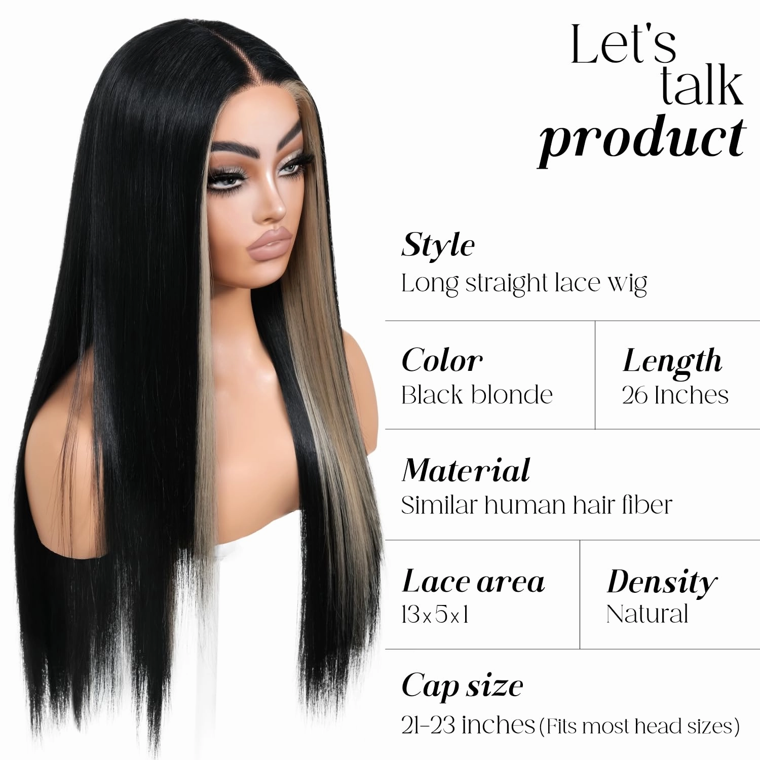 Skunk Stripe Wear and Go Glueless Wig Pre Cut Pre Plucked Synthetic Lace Front Wigs for Women Black and Blonde Wig with Highlights Long Straight Middle Part Wig 26inch