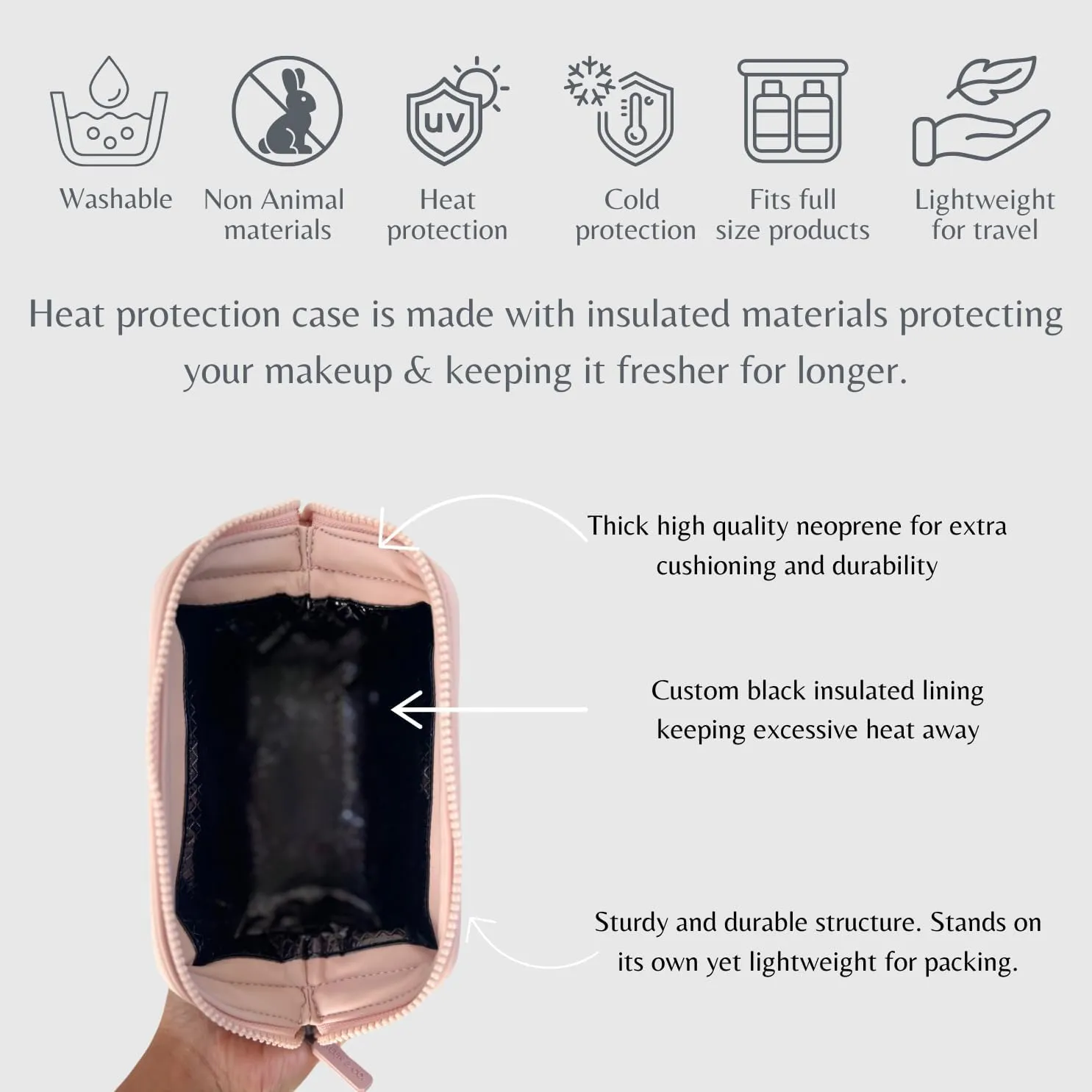 Small heat-resistant makeup bag, beauty case. Insulated cosmetic bag helps protect makeup from melting, spoiling and expiring quickly. Heat proof makeup bag for car (Nude Pink)