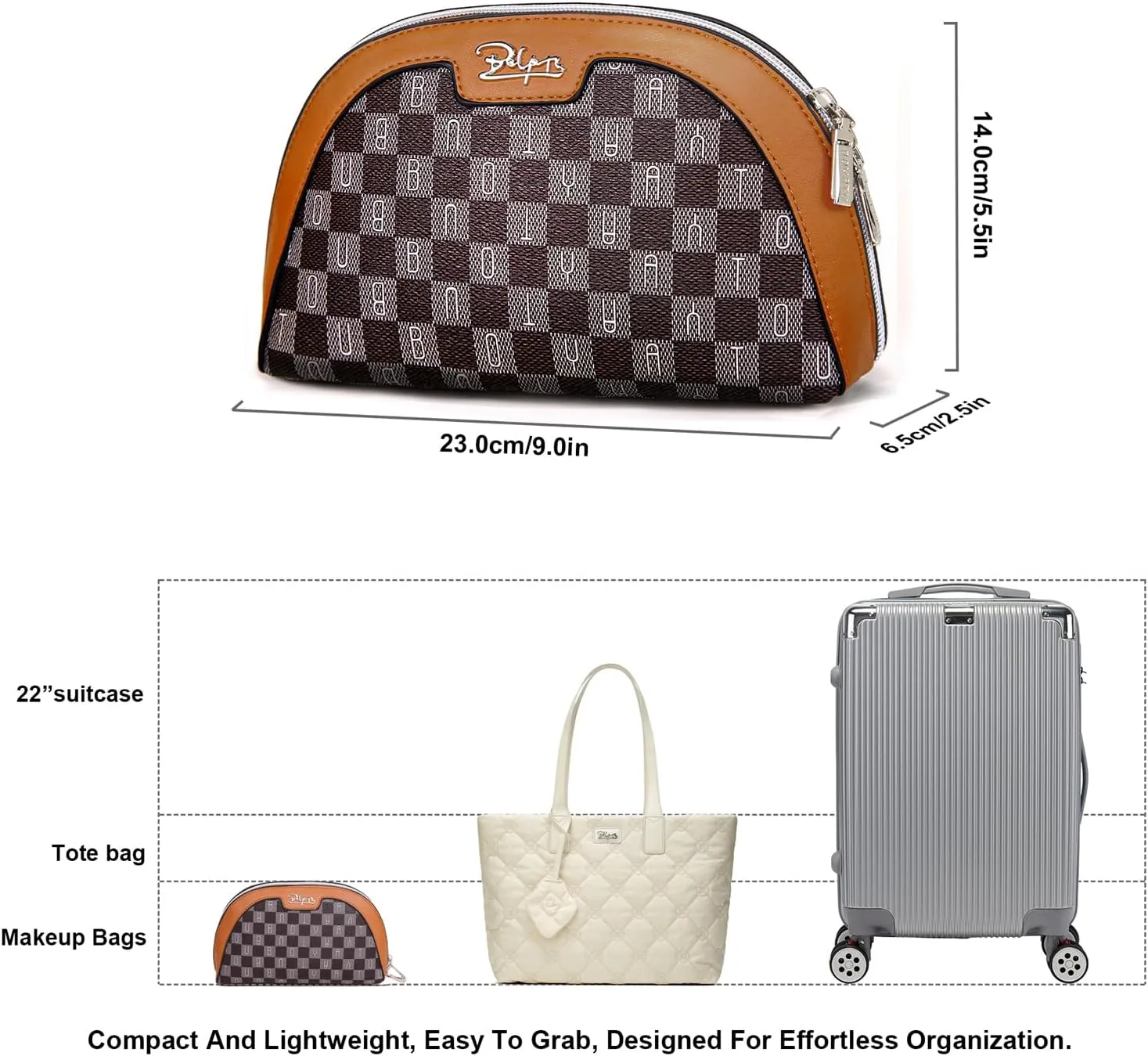 Small Makeup Bag for Purse Cosmetic Bag: Checkered Make up Bag for Women - Cute Preppy Skincare Bags for Evening - Waterproof Travel Pouch for Toiletry Organizer with Mirror & Zipper(020-Brown)