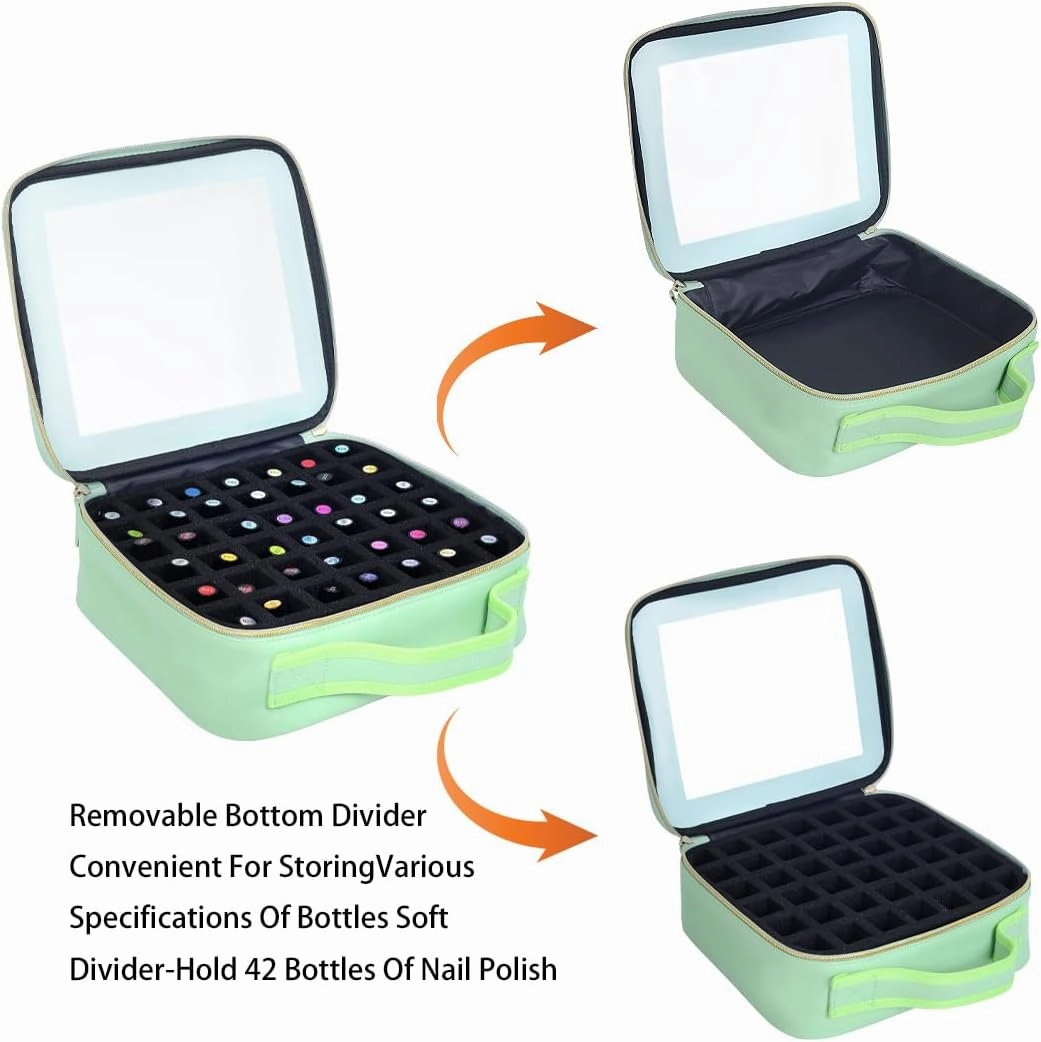 Small Clear Nail Polish Organizer Storage Box Hold 42 Bottles (15 ml/0.51 floz) PU Leather Portable Cosmetic Bag with Removable Partition