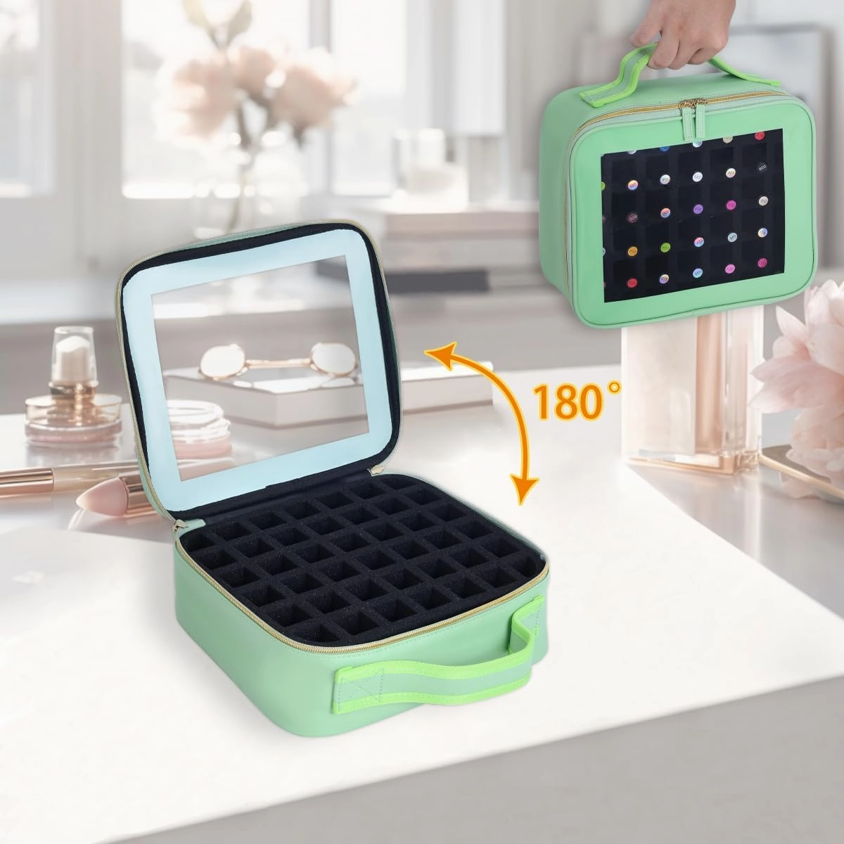 Small Clear Nail Polish Organizer Storage Box Hold 42 Bottles (15 ml/0.51 floz) PU Leather Portable Cosmetic Bag with Removable Partition