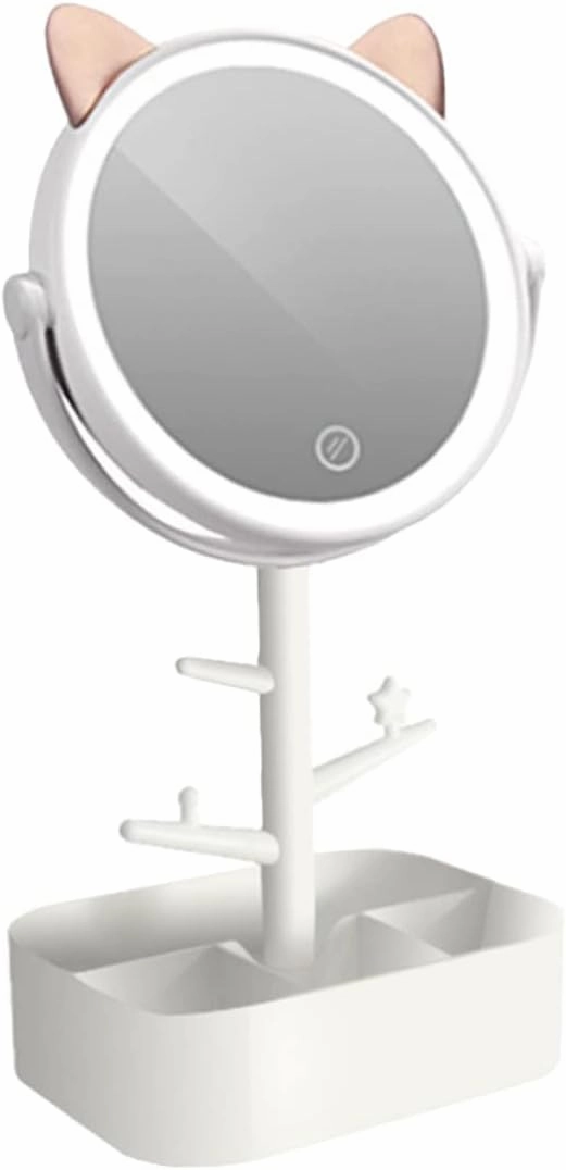 Smart Dimming Led Vanity Mirror with Storage Swivel Makeup Mirror for Bedroom Bathroom Desk High Definition for Tabletop Use