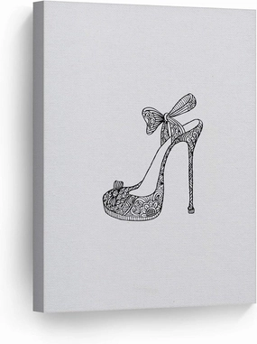 Smile Art Design Black and White High Heels Woman Flowered Shoes Glam Fashion Canvas Print Wall Art Office Bathroom Teen Girls Room Women Dorm Bedroom Living Room Wall Decor Ready to Hang 12x8