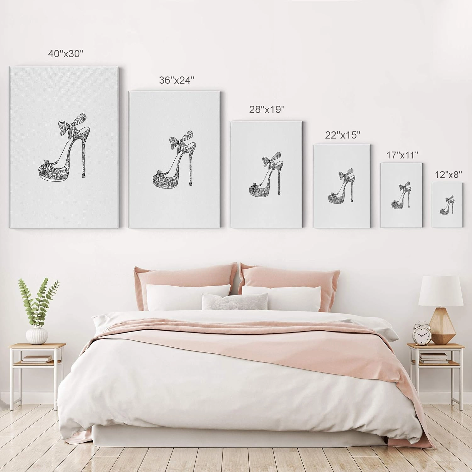Smile Art Design Black and White High Heels Woman Flowered Shoes Glam Fashion Canvas Print Wall Art Office Bathroom Teen Girls Room Women Dorm Bedroom Living Room Wall Decor Ready to Hang 12x8