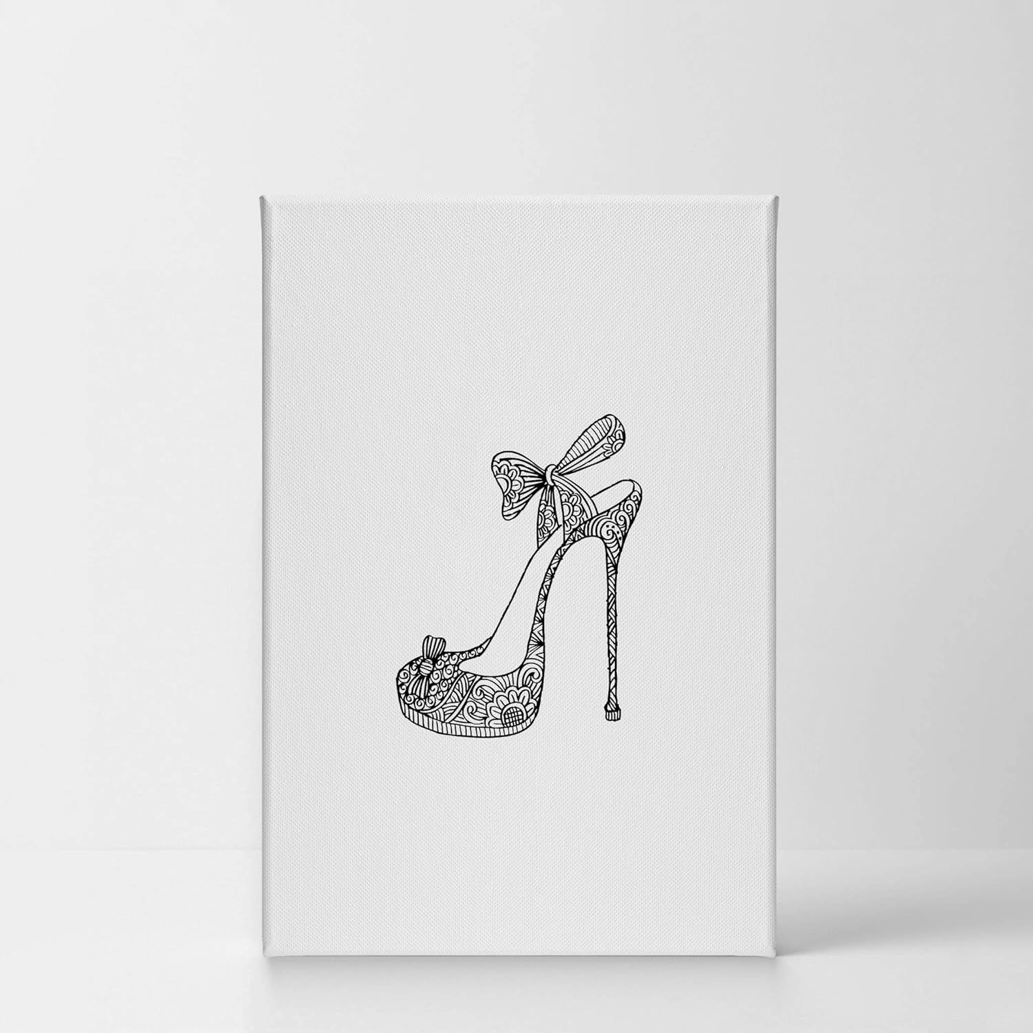 Smile Art Design Black and White High Heels Woman Flowered Shoes Glam Fashion Canvas Print Wall Art Office Bathroom Teen Girls Room Women Dorm Bedroom Living Room Wall Decor Ready to Hang 12x8