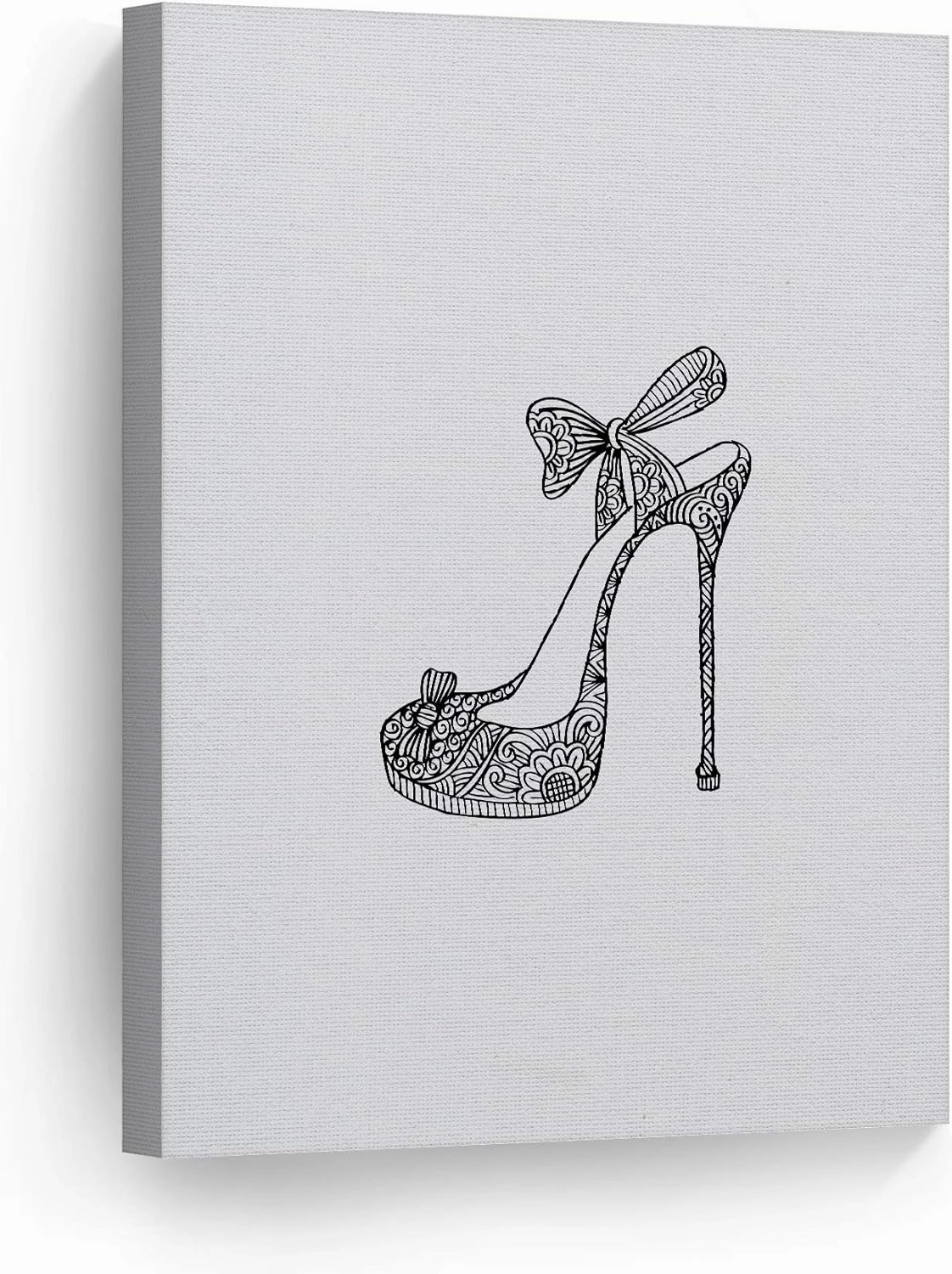 Smile Art Design Black and White High Heels Woman Flowered Shoes Glam Fashion Canvas Print Wall Art Office Bathroom Teen Girls Room Women Dorm Bedroom Living Room Wall Decor Ready to Hang 12x8