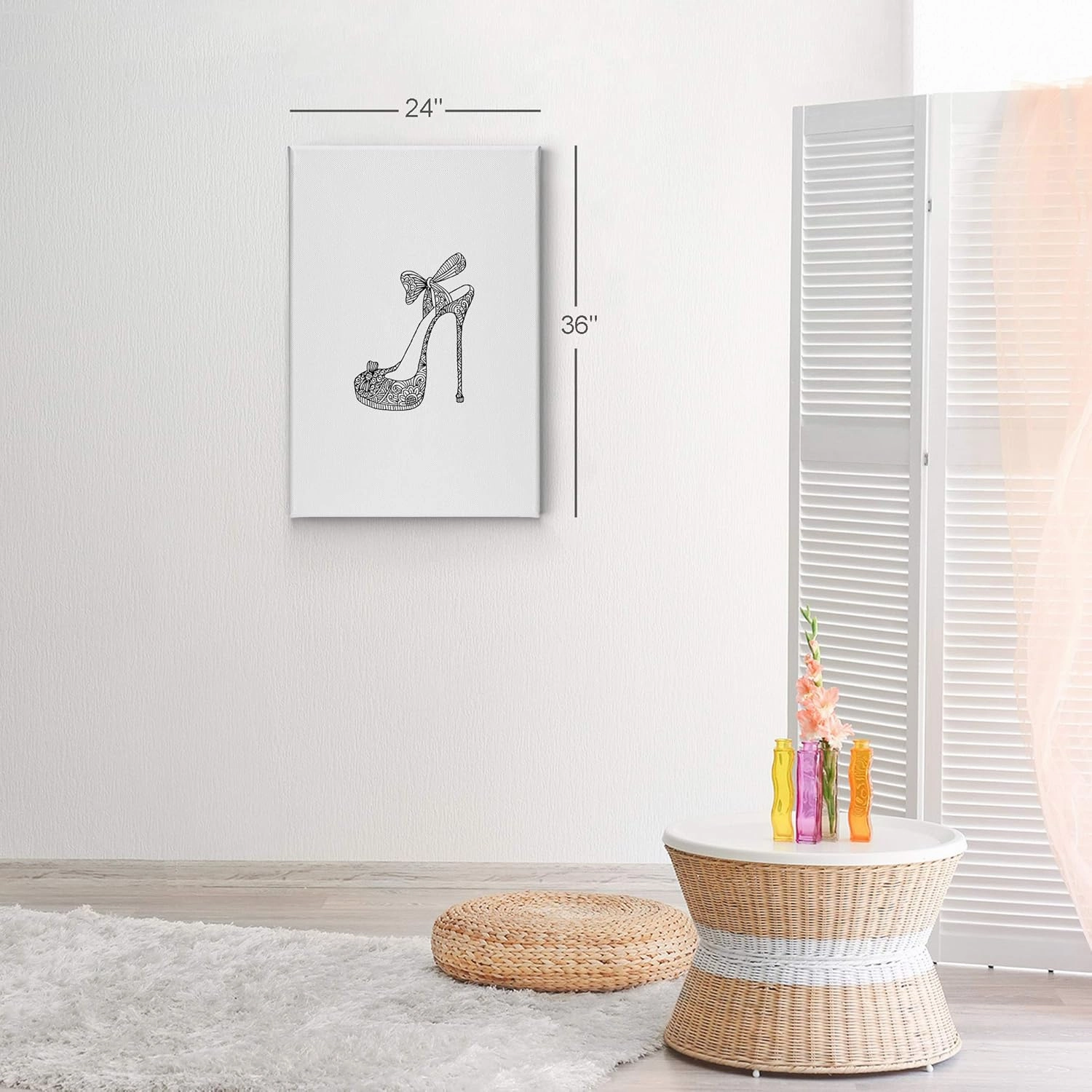 Smile Art Design Black and White High Heels Woman Flowered Shoes Glam Fashion Canvas Print Wall Art Office Bathroom Teen Girls Room Women Dorm Bedroom Living Room Wall Decor Ready to Hang 12x8