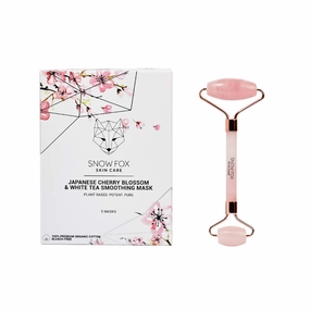 Snow Fox Pink Spring Set - Japanese Cherry Blossom & White Tea Smoothing Masks with Rose Quartz Facial Roller