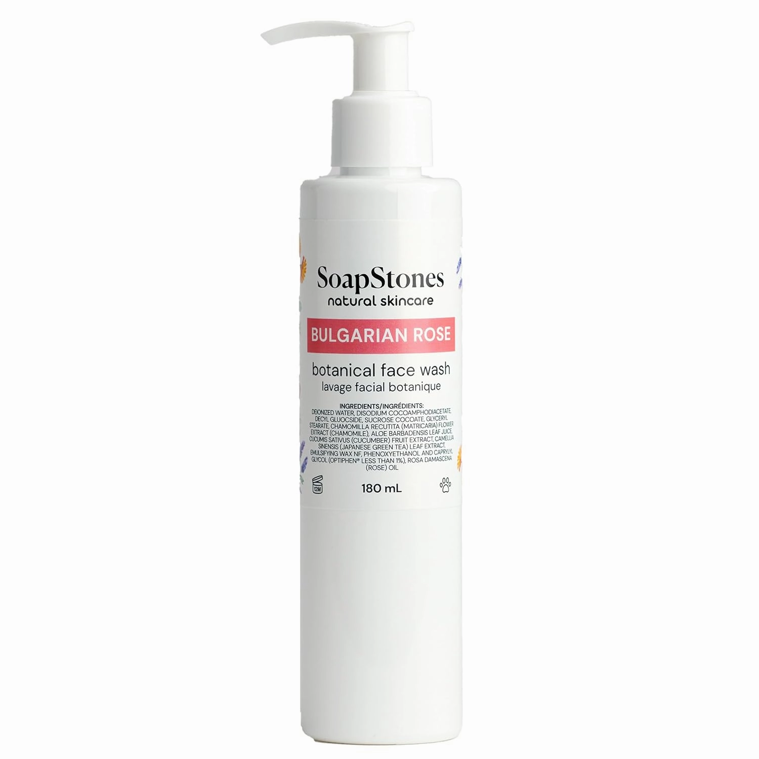 Soapstones Bulgarian Rose Botanical Facial Wash - 180ml - Gentle and Hydrating Skin Care Face Wash - Chamomile, Green Tea, and Cucumber Infused in a Rose Oil Cleansing Daily Care