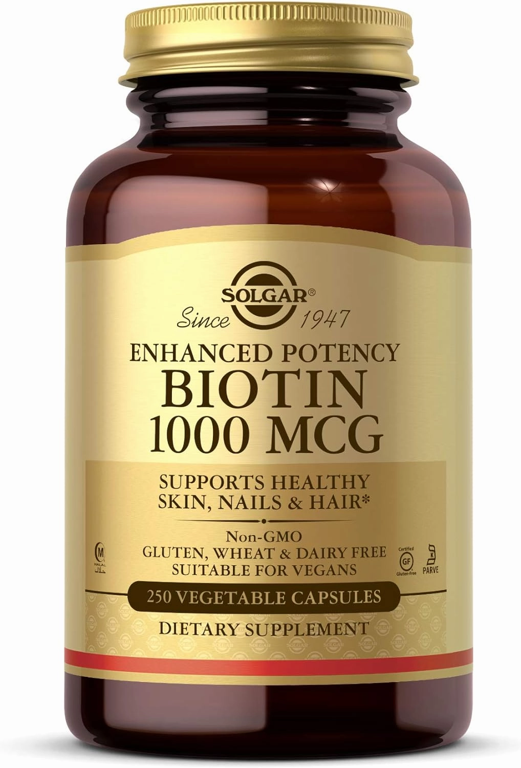 Solgar Biotin 1000 mcg, 250 Vegetable Capsules - Supports Healthy Skin, Nails & Hair - Energy Metabolism - Enhanced Potency - Non-GMO, Vegan, Gluten Free, Dairy Free, Kosher, Halal - 250 Servings