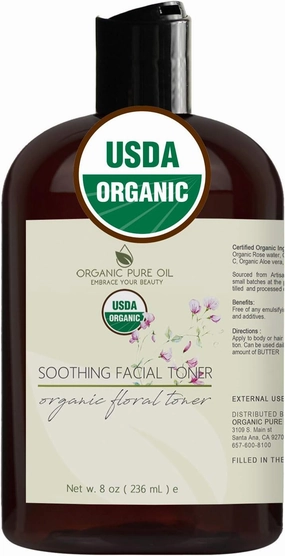 Soothing Rose Facial Toner - Certified Organic, USDA, Natural Rose Water, Glycerin, Vitamin C, Aloe Vera & Witch Hazel - Hydrating, Cleansing, Non-GMO, Vegan - 8 oz (with Pop Cap)