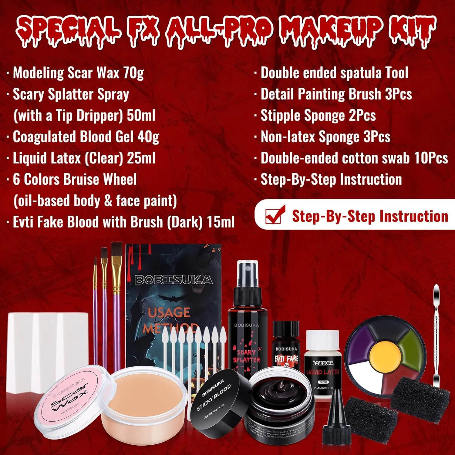 Special Effects SFX Halloween Makeup Kit - Bruise Makeup Face Body Painting Palette, Scar Wax, Liquid Latex, Fake Blood Splatter Spray, Coagulated Blood Gel, Stipple Sponges, Cotton Swab