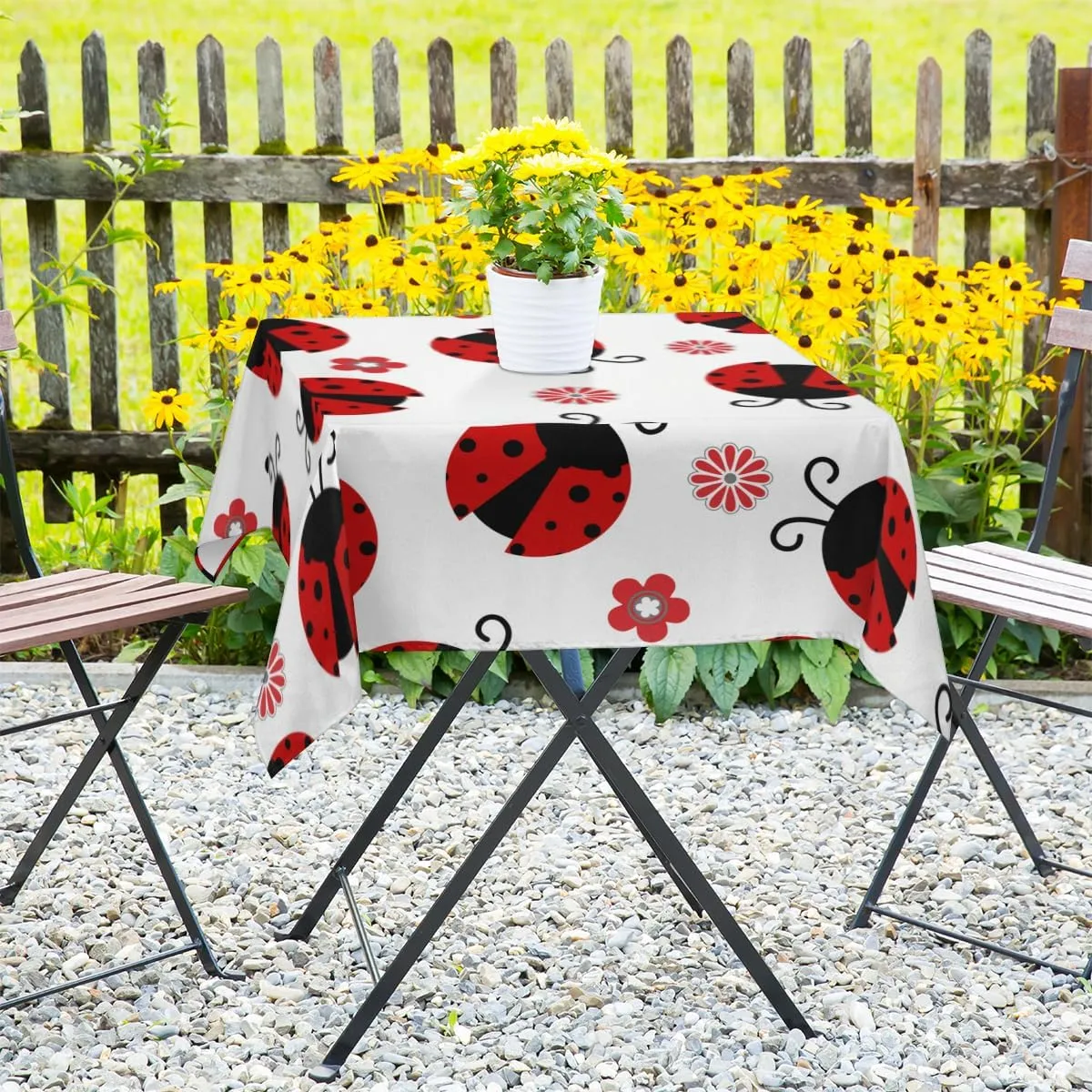 Square Tablecloth - 52 x 52 Inch Table Cover, Ladybugs with Red Little Floral Washable Dust-Proof Wrinkle Resistant for Restaurant, Picnic, Dining, Home