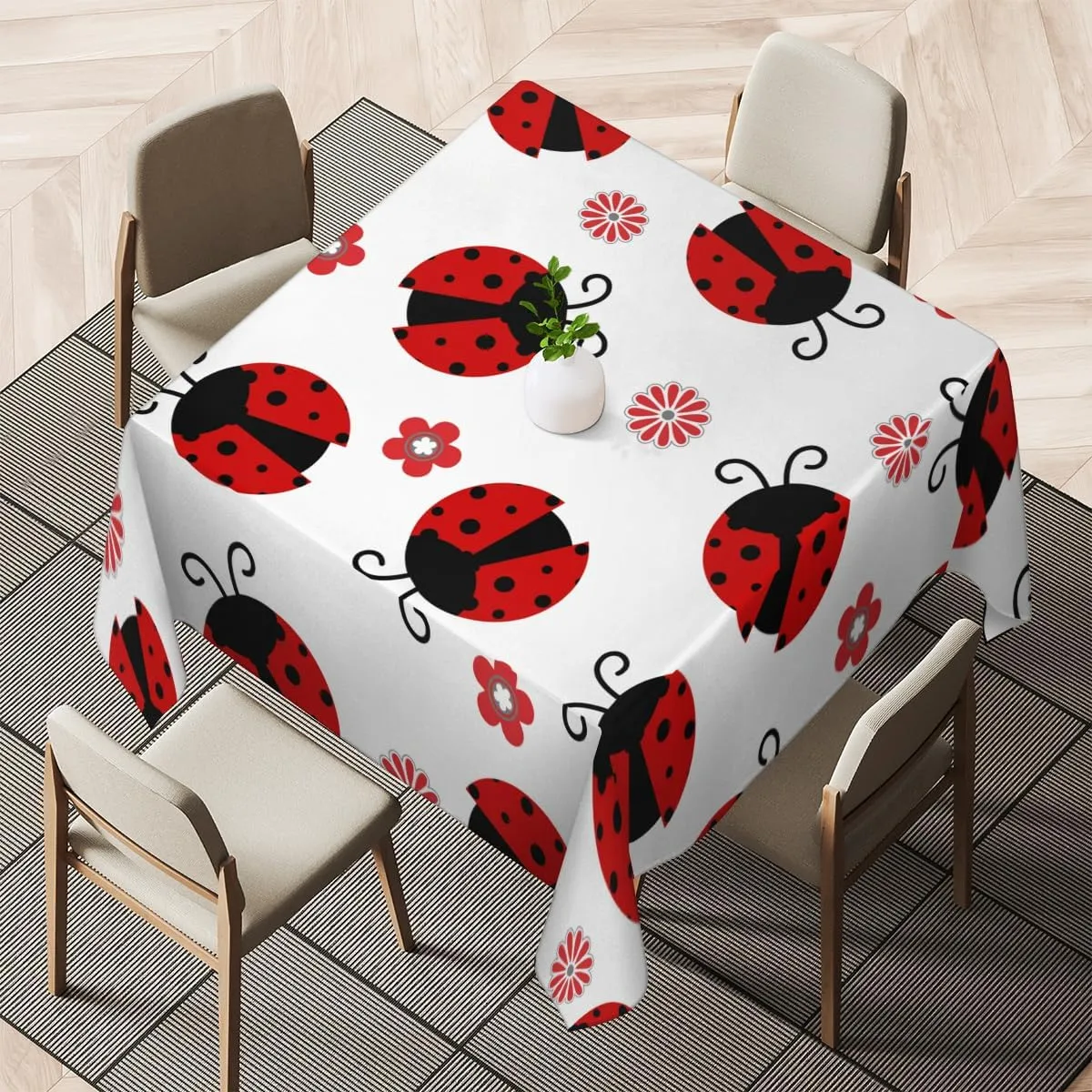 Square Tablecloth - 52 x 52 Inch Table Cover, Ladybugs with Red Little Floral Washable Dust-Proof Wrinkle Resistant for Restaurant, Picnic, Dining, Home
