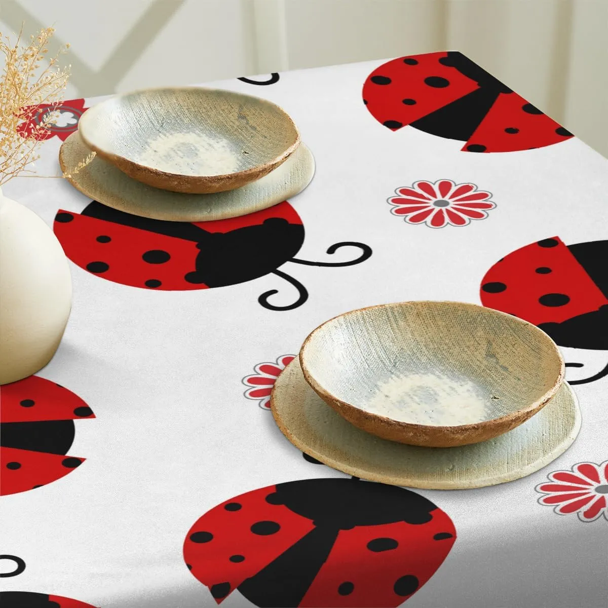 Square Tablecloth - 52 x 52 Inch Table Cover, Ladybugs with Red Little Floral Washable Dust-Proof Wrinkle Resistant for Restaurant, Picnic, Dining, Home