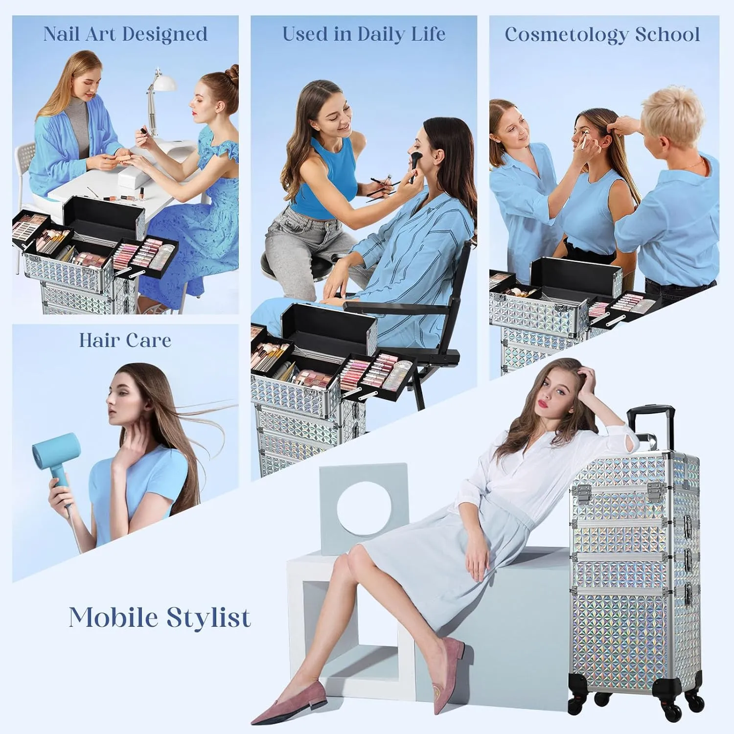 Stagiant Rolling Makeup Case Cosmetology Case on Wheels 4 in 1 Large Cosmetic Organizer Train Case Makeup Travel Case with Key Nail Artist Salon Storage Traveling Cart Big Trunk Shiny Silver