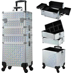 Stagiant Rolling Makeup Case Cosmetology Case on Wheels 4 in 1 Large Cosmetic Organizer Train Case Makeup Travel Case with Key Nail Artist Salon Storage Traveling Cart Big Trunk Shiny Silver