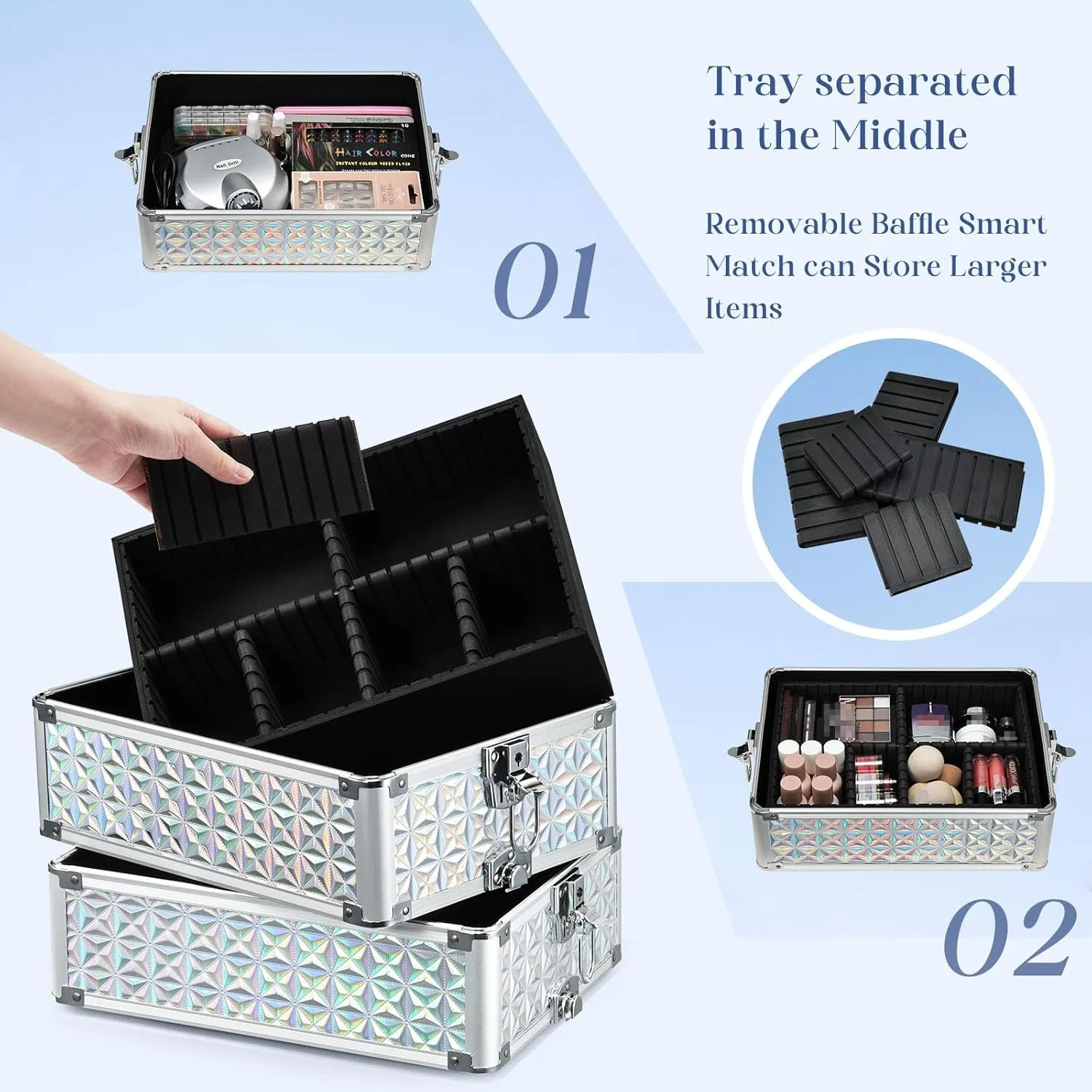 Stagiant Rolling Makeup Case Cosmetology Case on Wheels 4 in 1 Large Cosmetic Organizer Train Case Makeup Travel Case with Key Nail Artist Salon Storage Traveling Cart Big Trunk Shiny Silver
