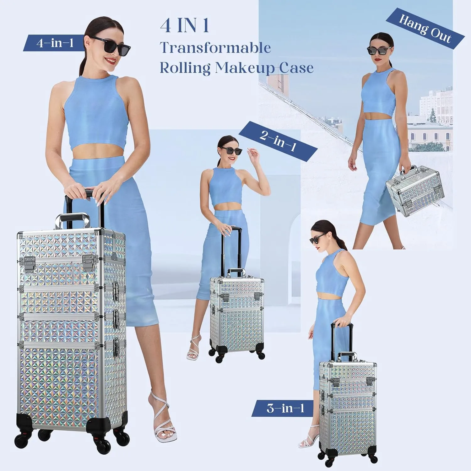Stagiant Rolling Makeup Case Cosmetology Case on Wheels 4 in 1 Large Cosmetic Organizer Train Case Makeup Travel Case with Key Nail Artist Salon Storage Traveling Cart Big Trunk Shiny Silver