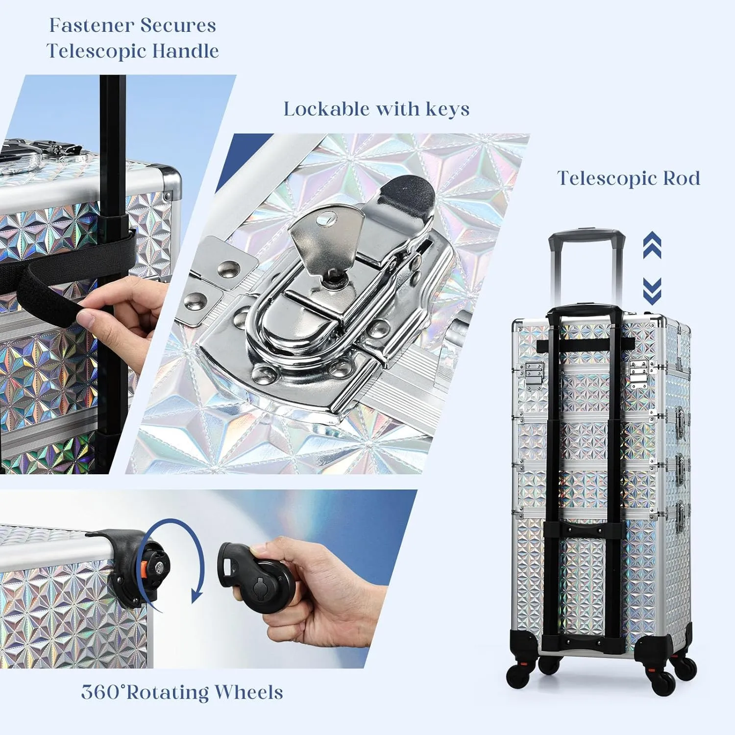 Stagiant Rolling Makeup Case Cosmetology Case on Wheels 4 in 1 Large Cosmetic Organizer Train Case Makeup Travel Case with Key Nail Artist Salon Storage Traveling Cart Big Trunk Shiny Silver