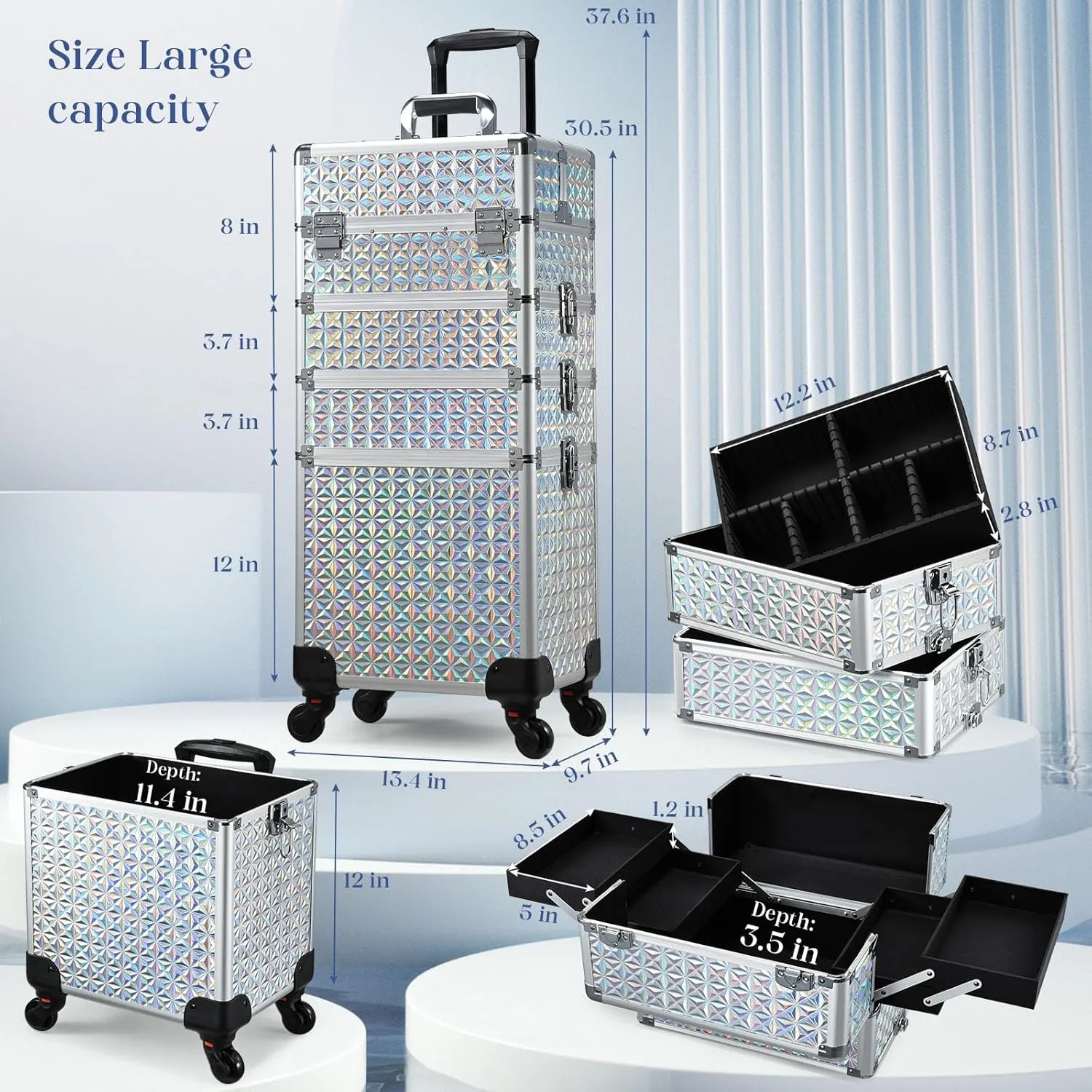 Stagiant Rolling Makeup Case Cosmetology Case on Wheels 4 in 1 Large Cosmetic Organizer Train Case Makeup Travel Case with Key Nail Artist Salon Storage Traveling Cart Big Trunk Shiny Silver