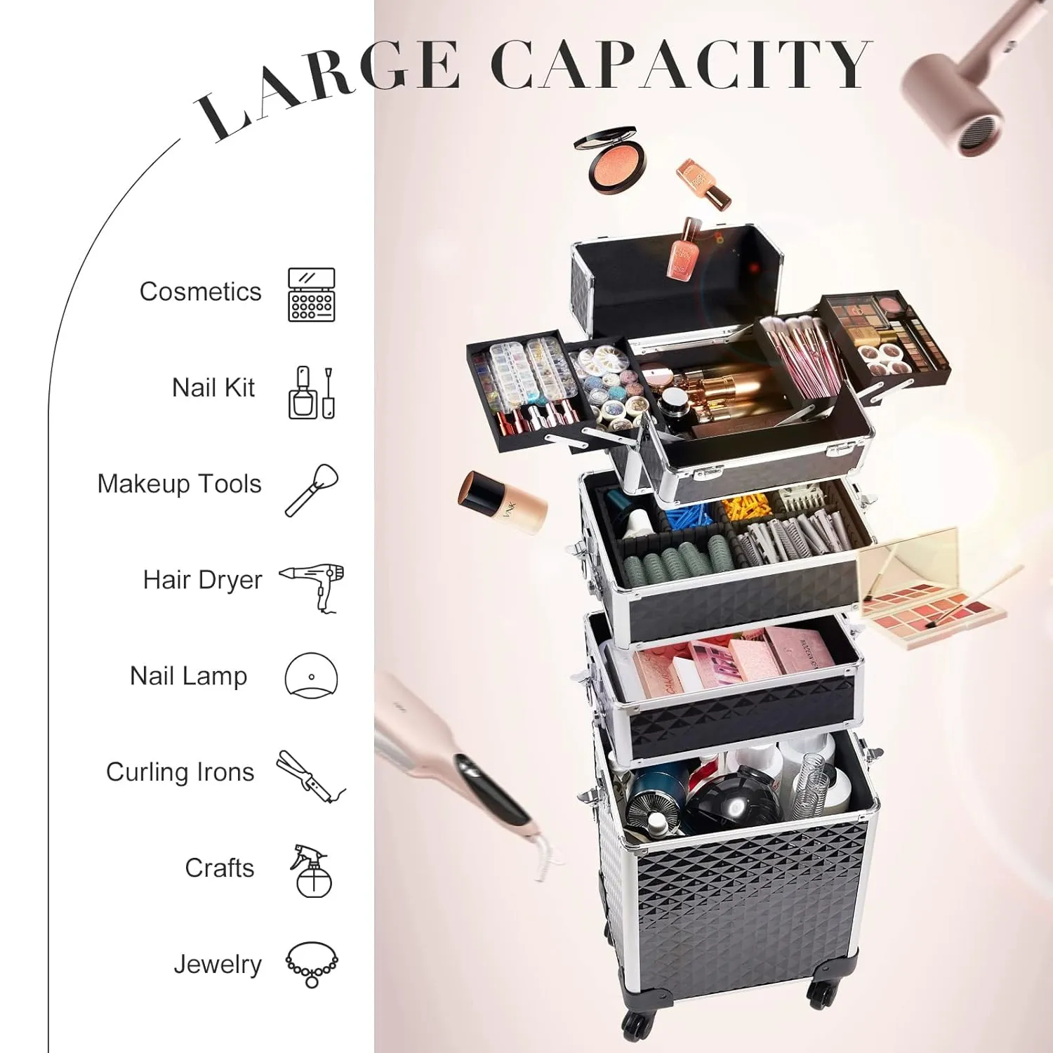 Stagiant Rolling Makeup Case Cosmetology Case on Wheels 4 in 1 Large Cosmetic Organizer Train Case Makeup Travel Case with Key Swivel Wheels Nail Artist Salon Storage Traveling Cart Trunk Black