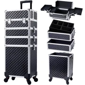 Stagiant Rolling Makeup Case Cosmetology Case on Wheels 4 in 1 Large Cosmetic Organizer Train Case Makeup Travel Case with Key Swivel Wheels Nail Artist Salon Storage Traveling Cart Trunk Black