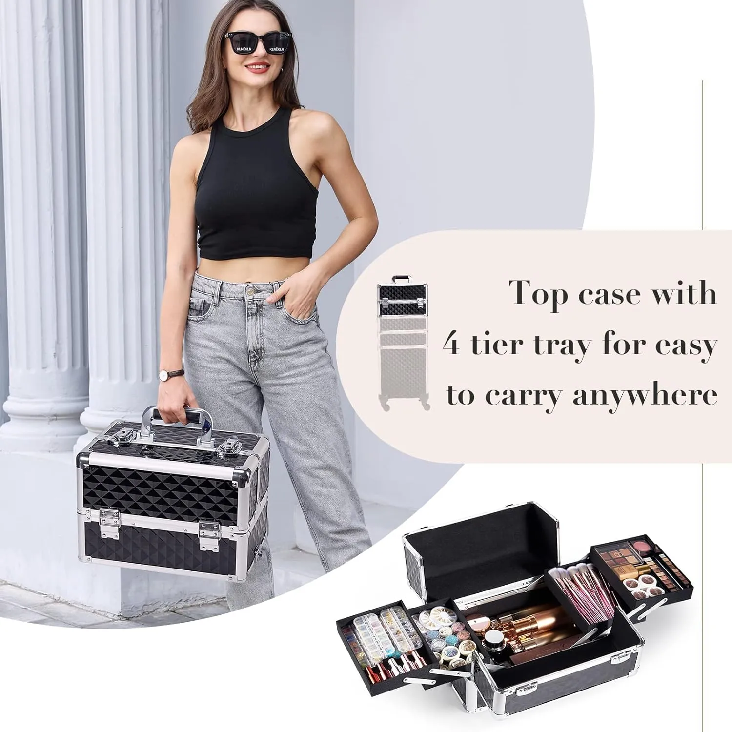 Stagiant Rolling Makeup Case Cosmetology Case on Wheels 4 in 1 Large Cosmetic Organizer Train Case Makeup Travel Case with Key Swivel Wheels Nail Artist Salon Storage Traveling Cart Trunk Black
