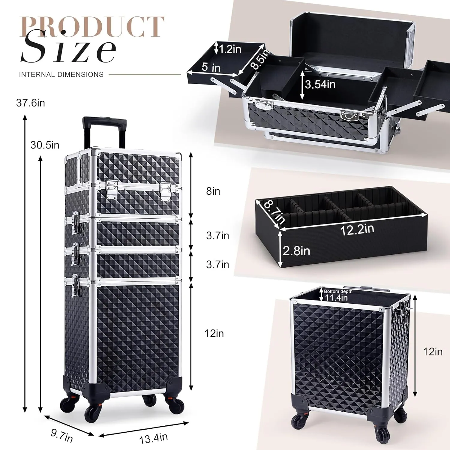 Stagiant Rolling Makeup Case Cosmetology Case on Wheels 4 in 1 Large Cosmetic Organizer Train Case Makeup Travel Case with Key Swivel Wheels Nail Artist Salon Storage Traveling Cart Trunk Black