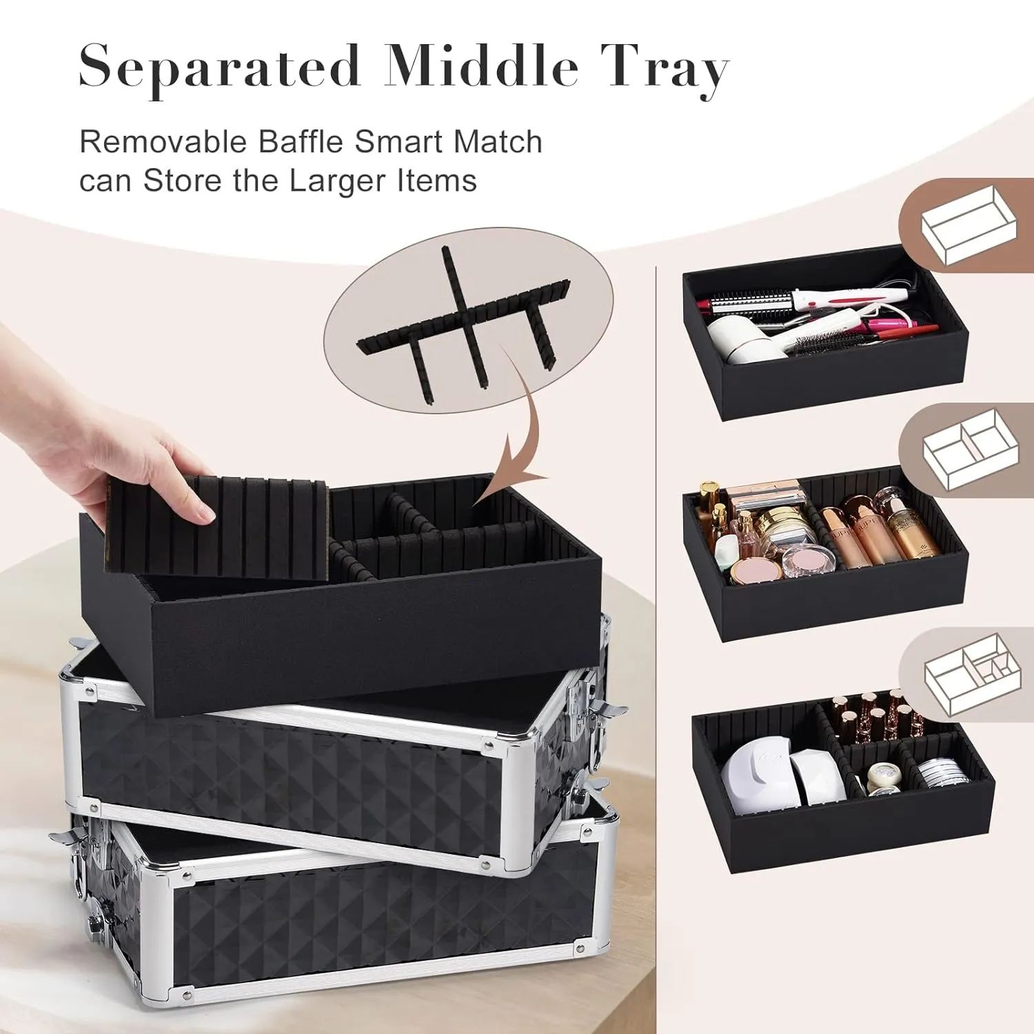 Stagiant Rolling Makeup Case Cosmetology Case on Wheels 4 in 1 Large Cosmetic Organizer Train Case Makeup Travel Case with Key Swivel Wheels Nail Artist Salon Storage Traveling Cart Trunk Black