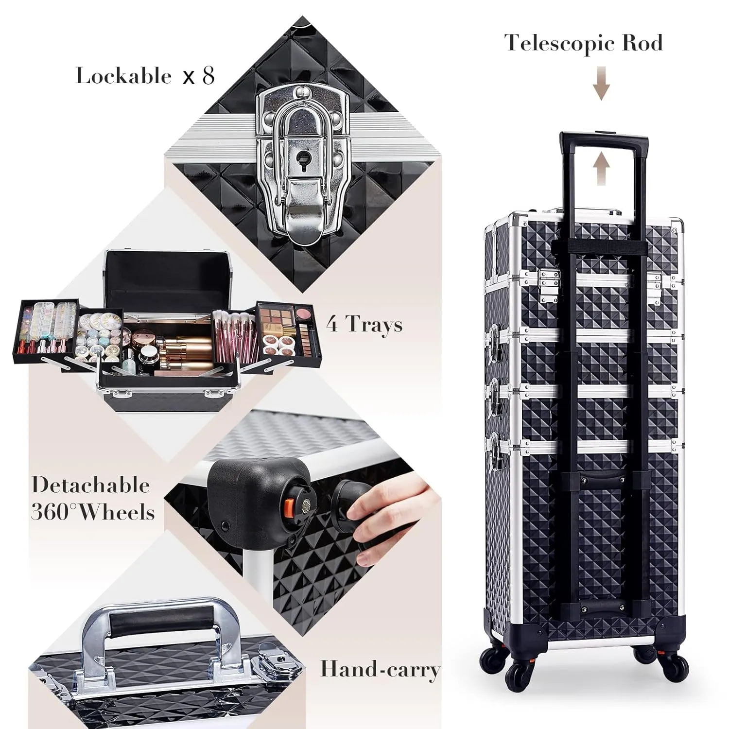 Stagiant Rolling Makeup Case Cosmetology Case on Wheels 4 in 1 Large Cosmetic Organizer Train Case Makeup Travel Case with Key Swivel Wheels Nail Artist Salon Storage Traveling Cart Trunk Black