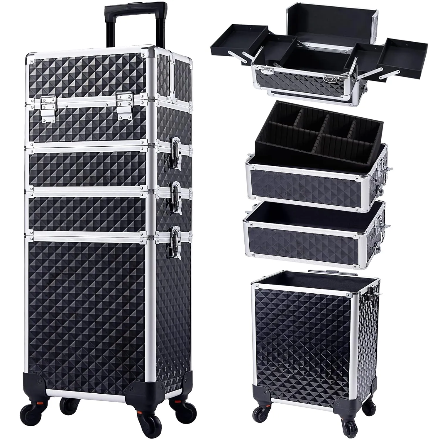 Stagiant Rolling Makeup Case Cosmetology Case on Wheels 4 in 1 Large Cosmetic Organizer Train Case Makeup Travel Case with Key Swivel Wheels Nail Artist Salon Storage Traveling Cart Trunk Black