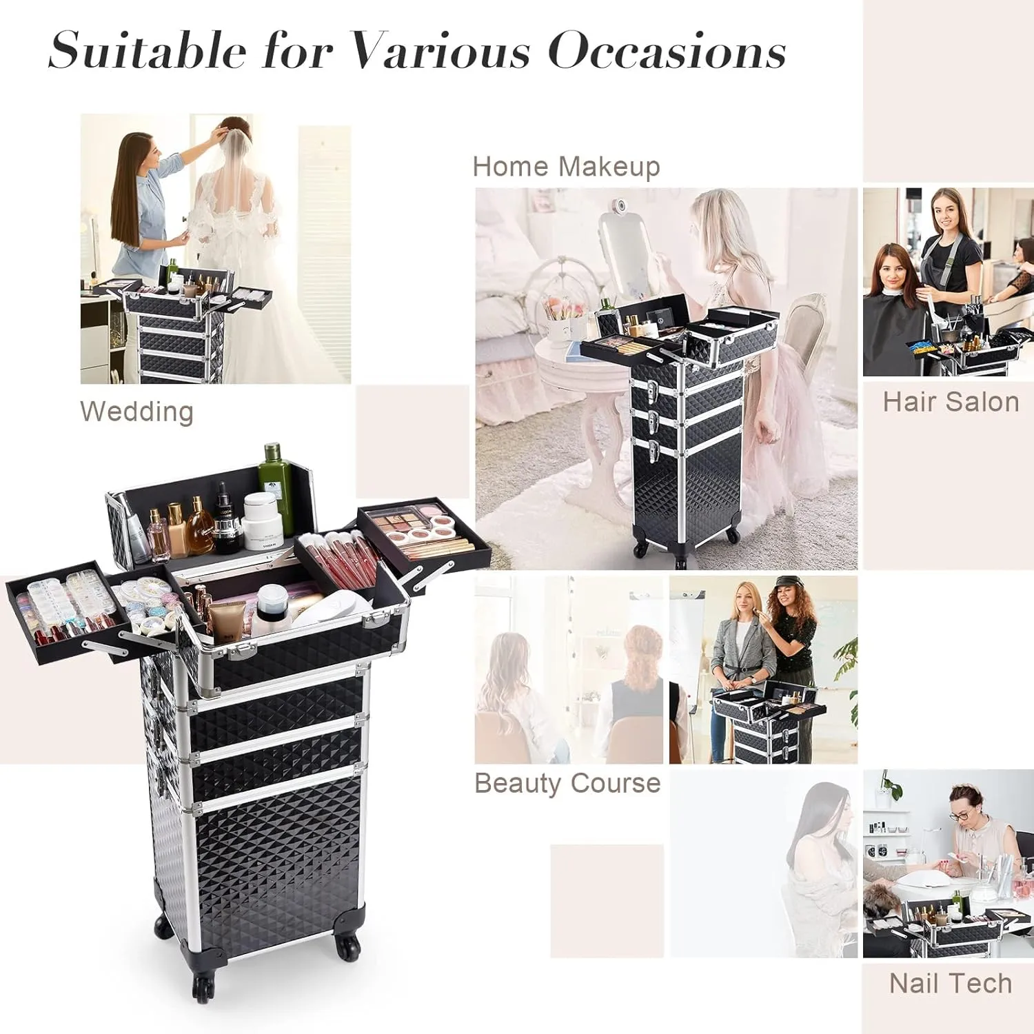Stagiant Rolling Makeup Case Cosmetology Case on Wheels 4 in 1 Large Cosmetic Organizer Train Case Makeup Travel Case with Key Swivel Wheels Nail Artist Salon Storage Traveling Cart Trunk Black