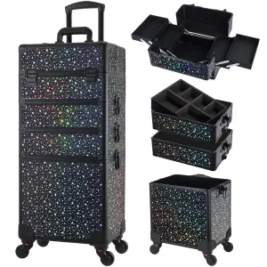 Stagiant Rolling Makeup Case Cosmetology Case on Wheels 4 in 1 Large Makeup Travel Case Nail Kits Organizer Train Case with Key Make Up Artist Salon Storage Traveling Cart Trunk Black Star