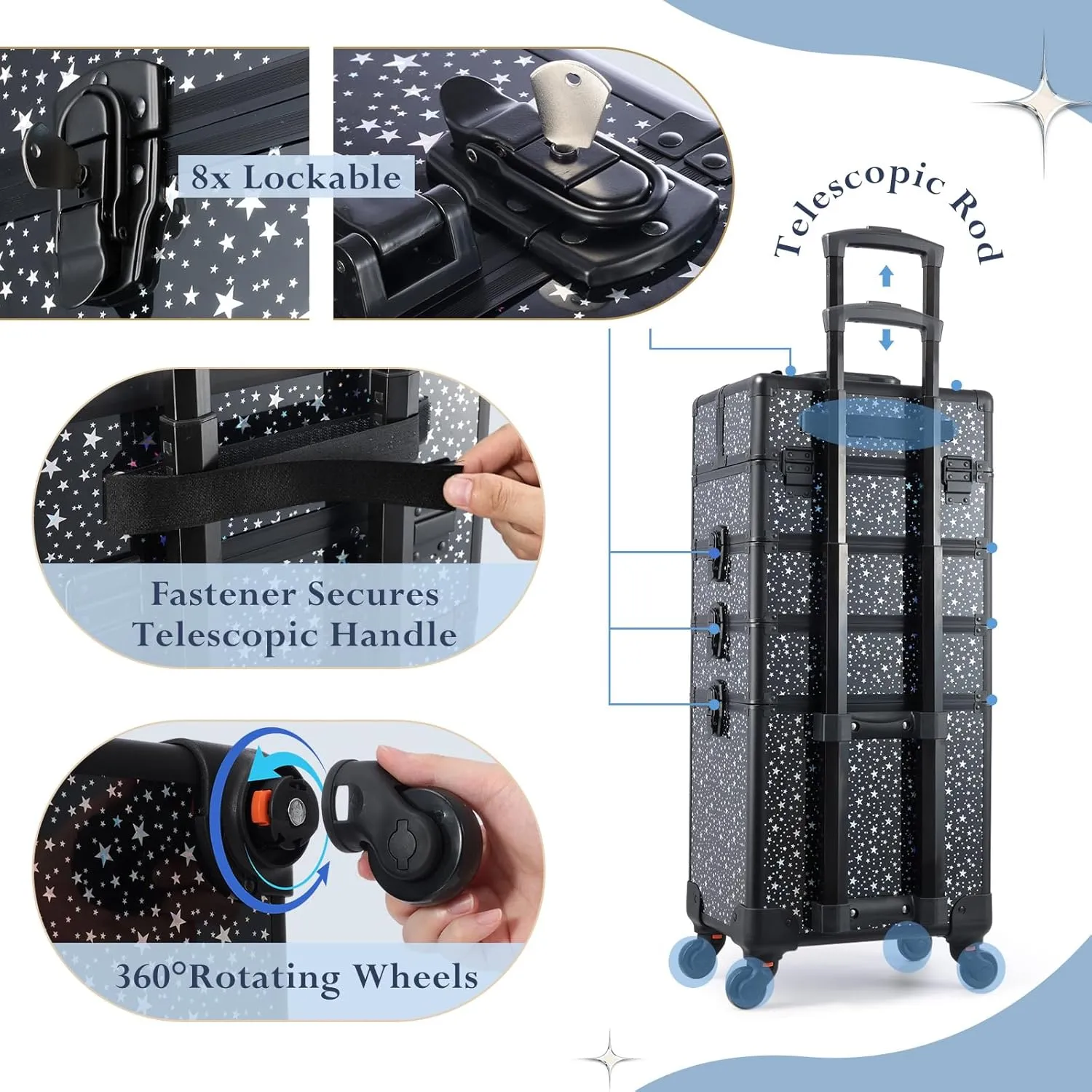Stagiant Rolling Makeup Case Cosmetology Case on Wheels 4 in 1 Large Makeup Travel Case Nail Kits Organizer Train Case with Key Make Up Artist Salon Storage Traveling Cart Trunk Black Star