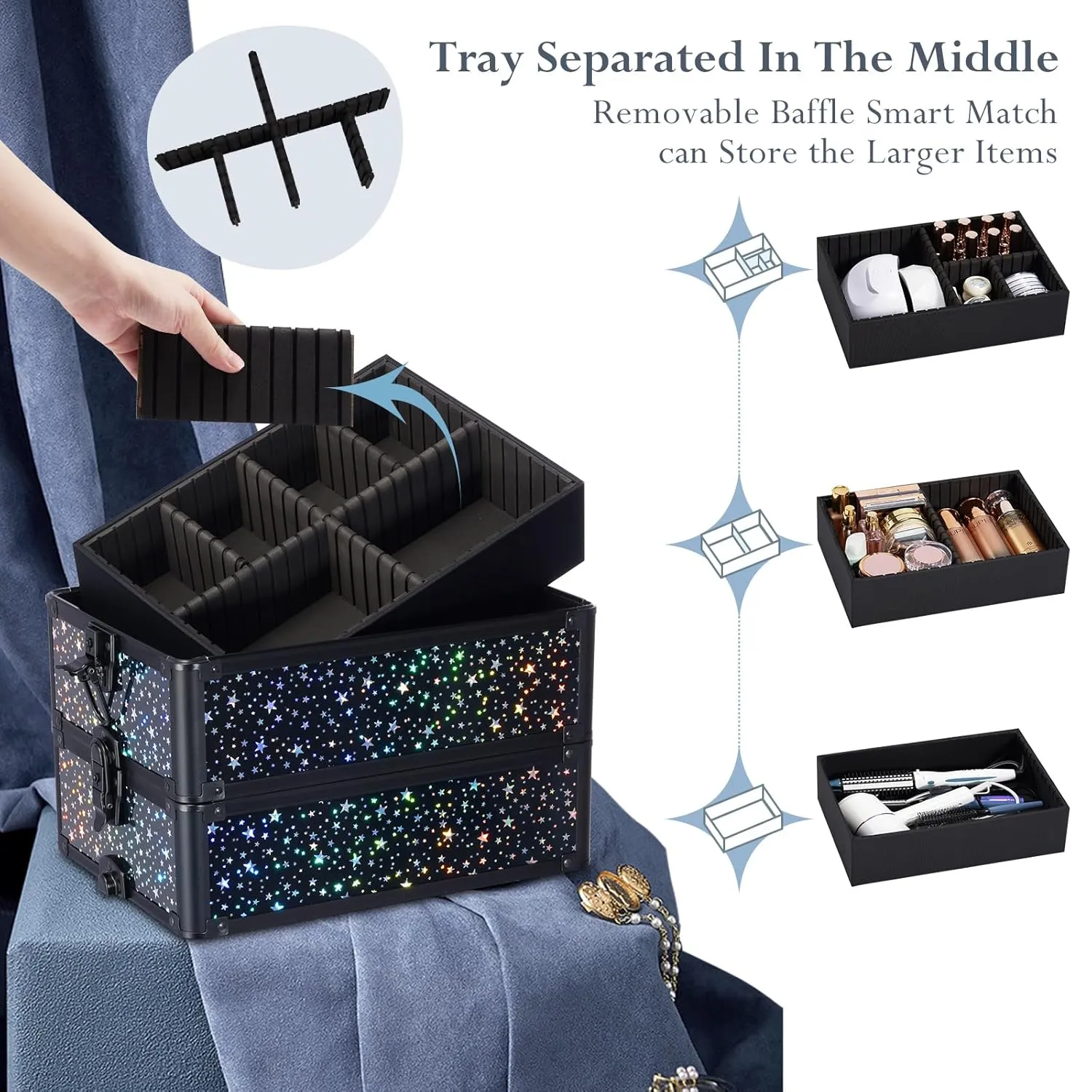 Stagiant Rolling Makeup Case Cosmetology Case on Wheels 4 in 1 Large Makeup Travel Case Nail Kits Organizer Train Case with Key Make Up Artist Salon Storage Traveling Cart Trunk Black Star