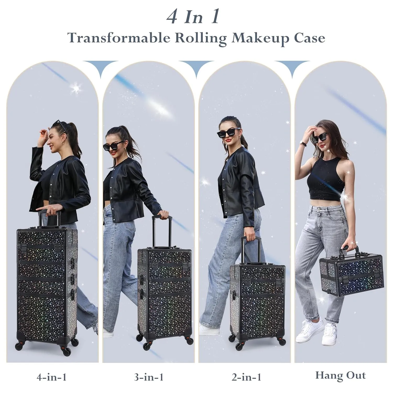 Stagiant Rolling Makeup Case Cosmetology Case on Wheels 4 in 1 Large Makeup Travel Case Nail Kits Organizer Train Case with Key Make Up Artist Salon Storage Traveling Cart Trunk Black Star